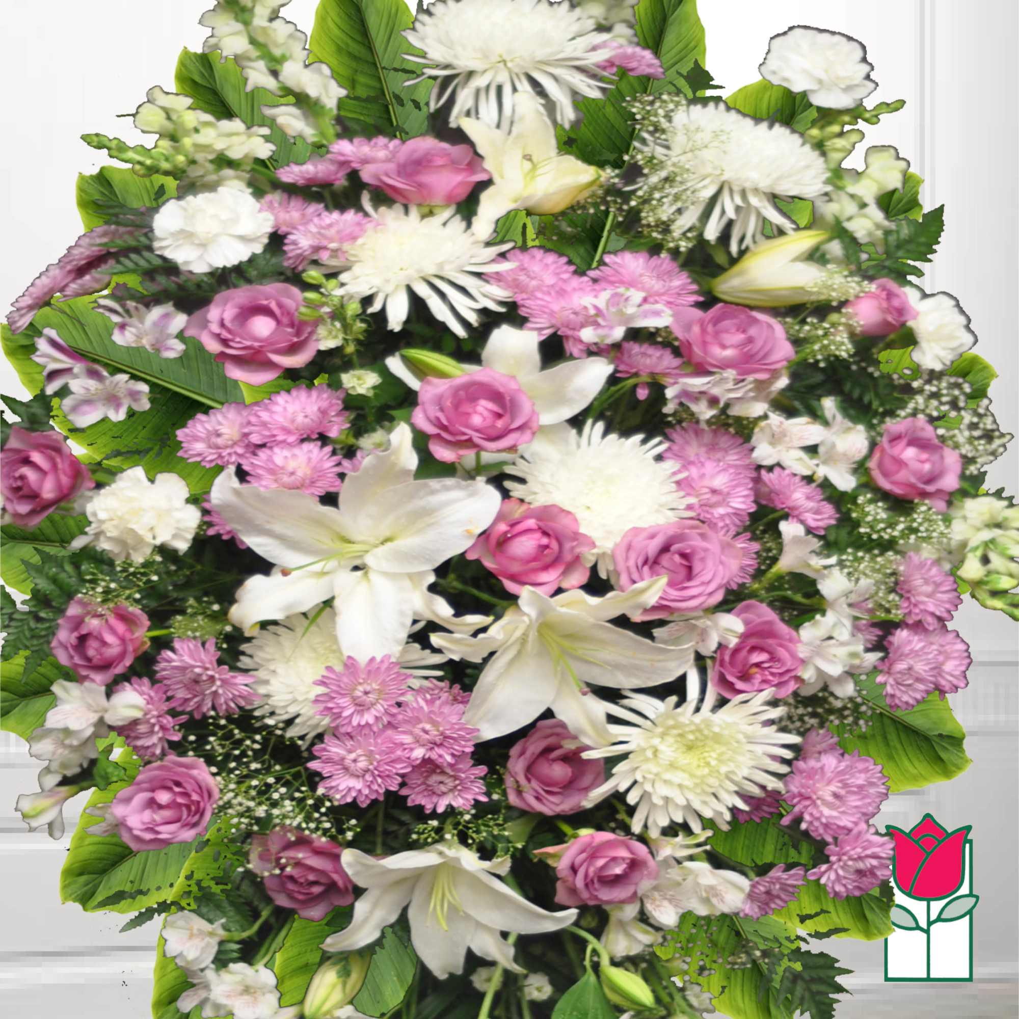 Pink and white mixed bouquet with lilies, roses, and chrysanthemums