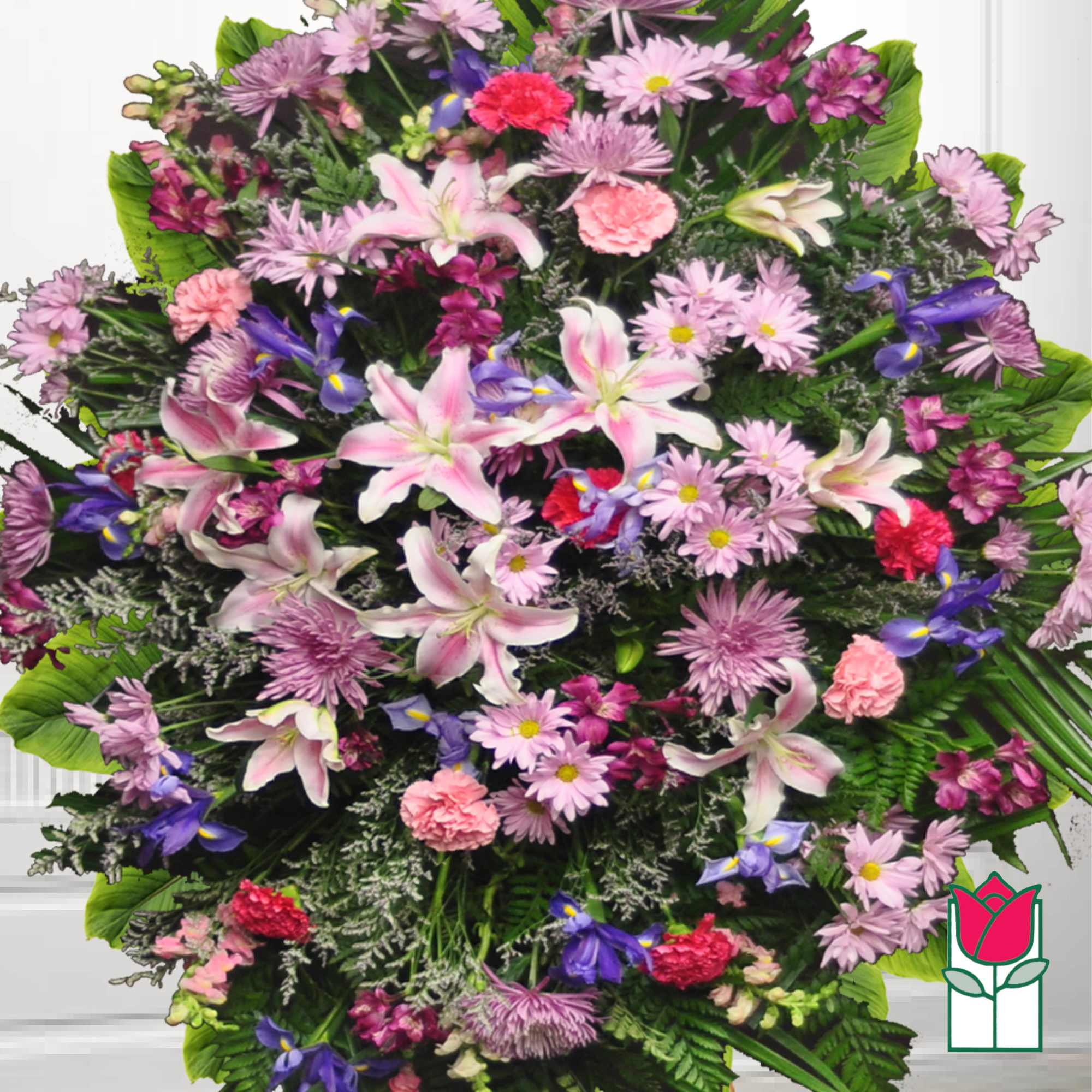 Large mixed bouquet with pink lilies, purple daisies, and carnations