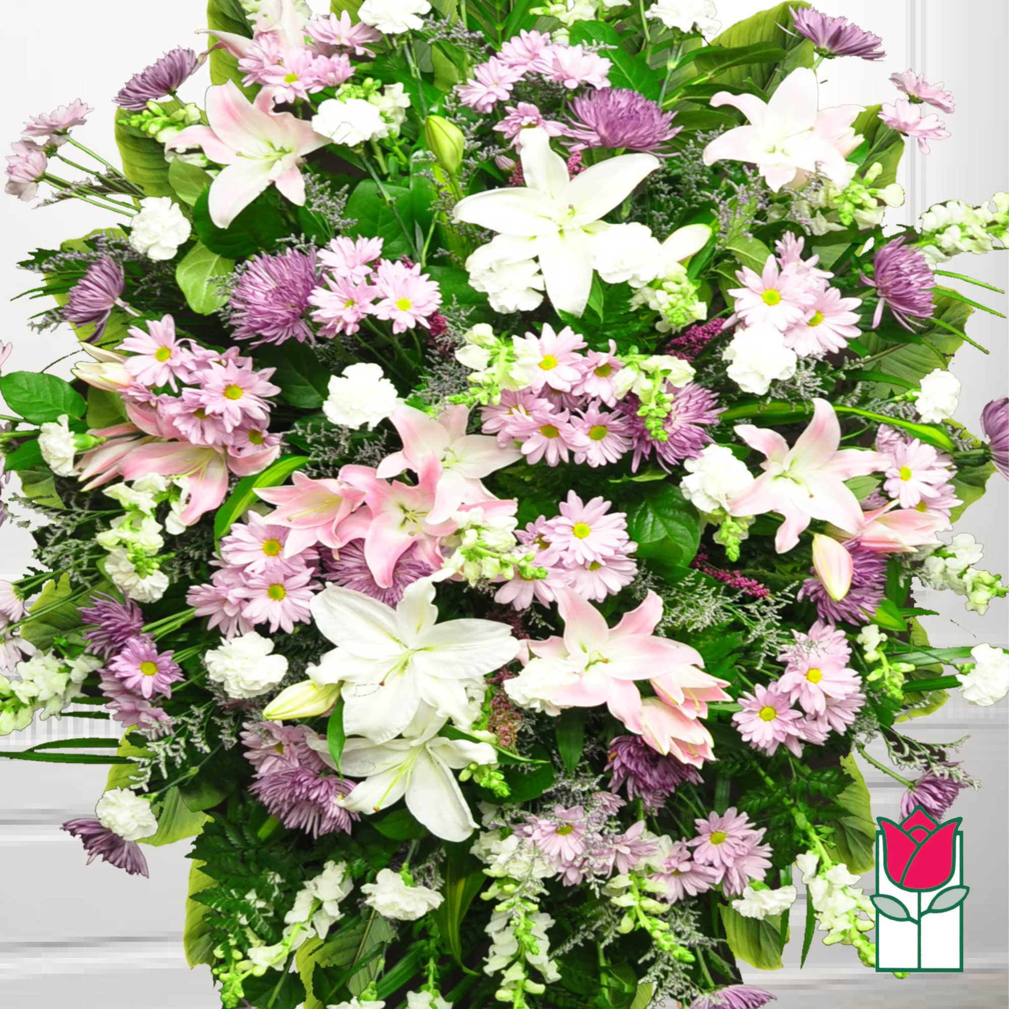 Large bouquet of pink and white lilies and daisies