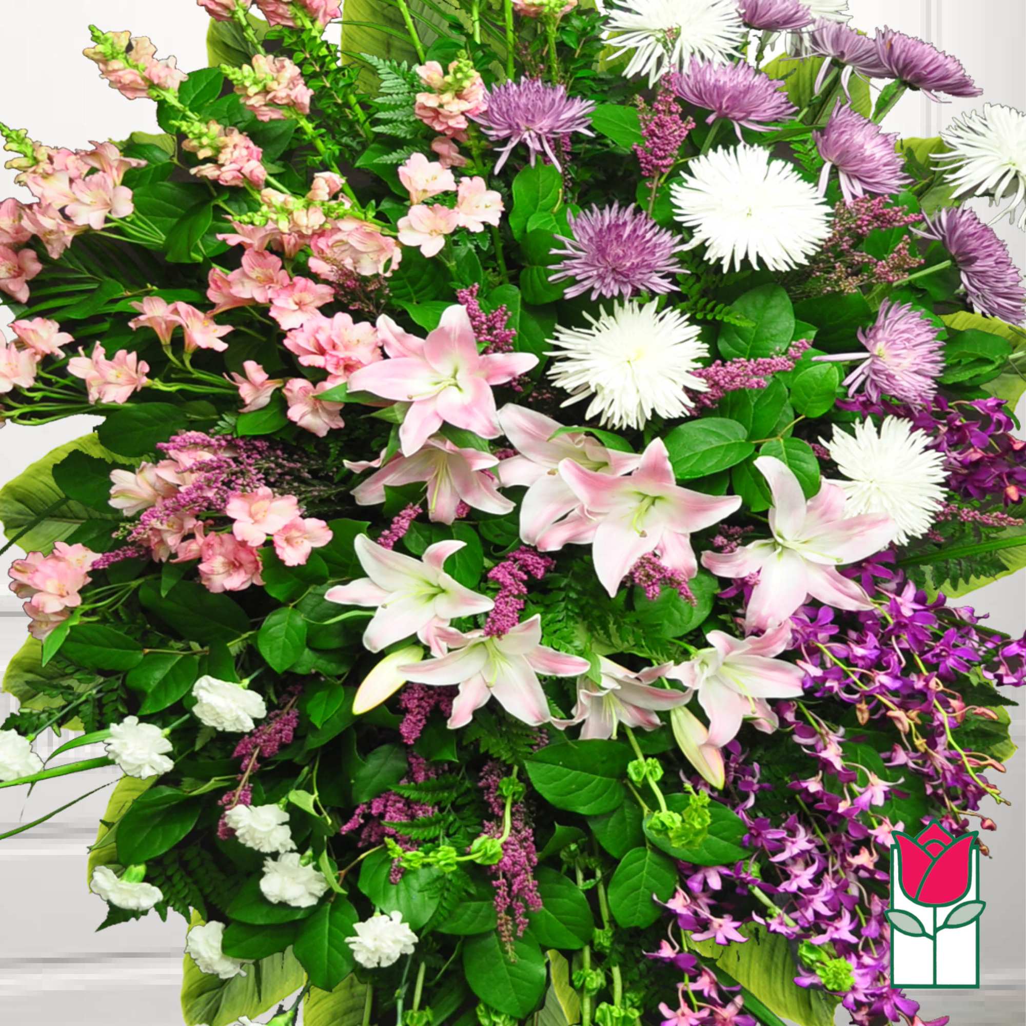 Large mixed bouquet with pink lilies, white and purple blooms