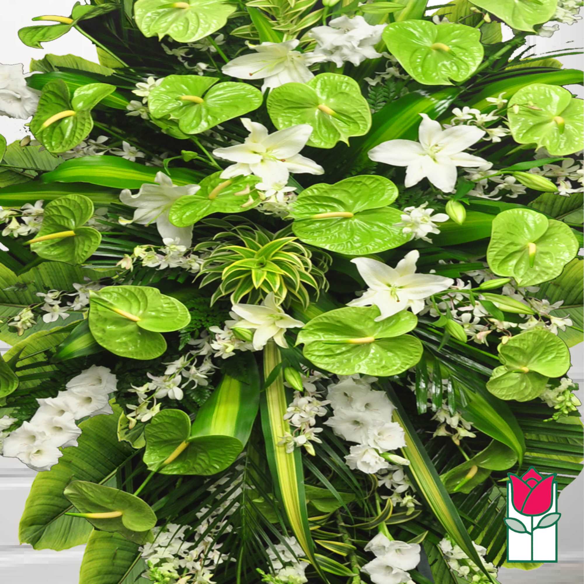 Large tropical floral spray with white lilies and bright green anthuriums