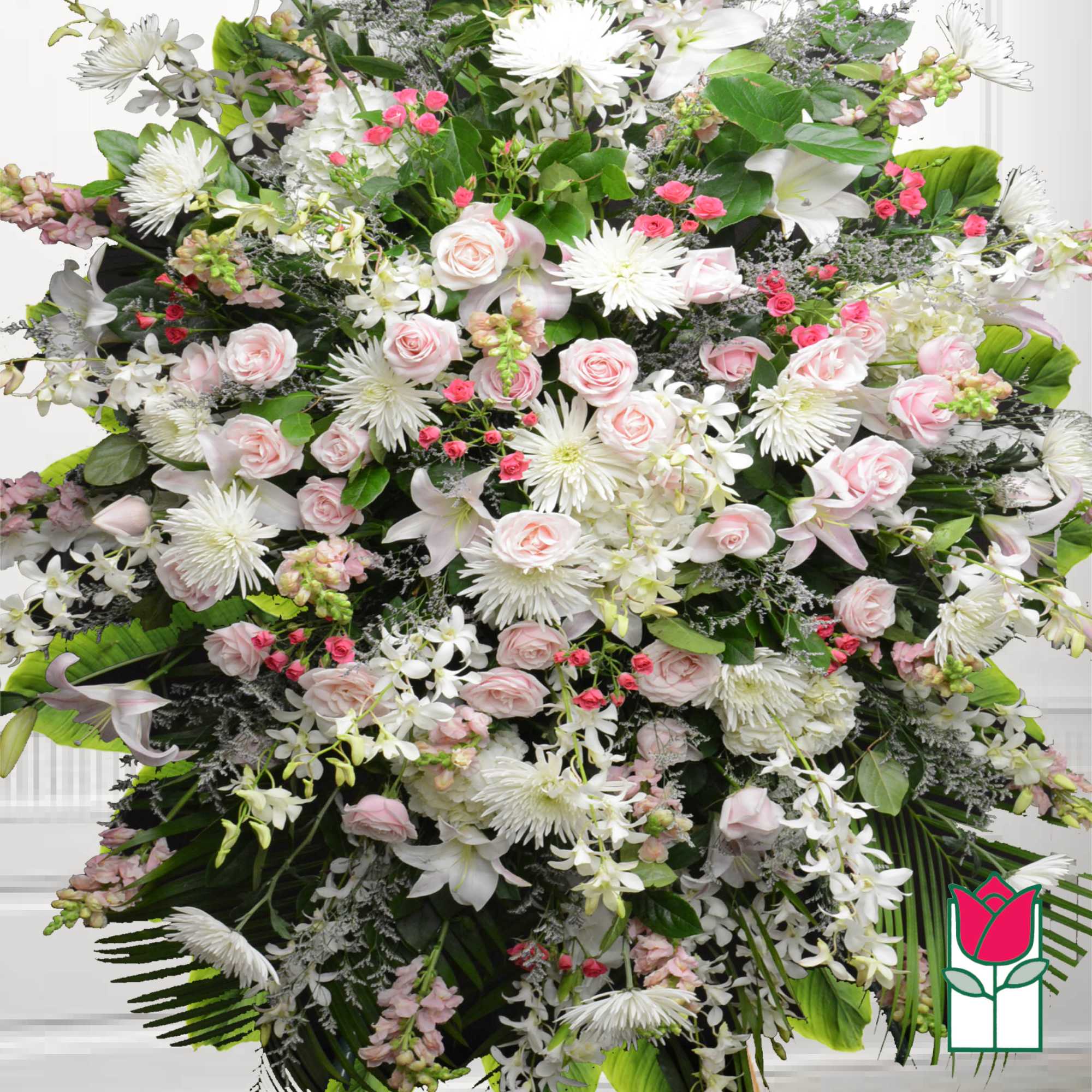 Large standing floral spray with pink roses and white lilies
