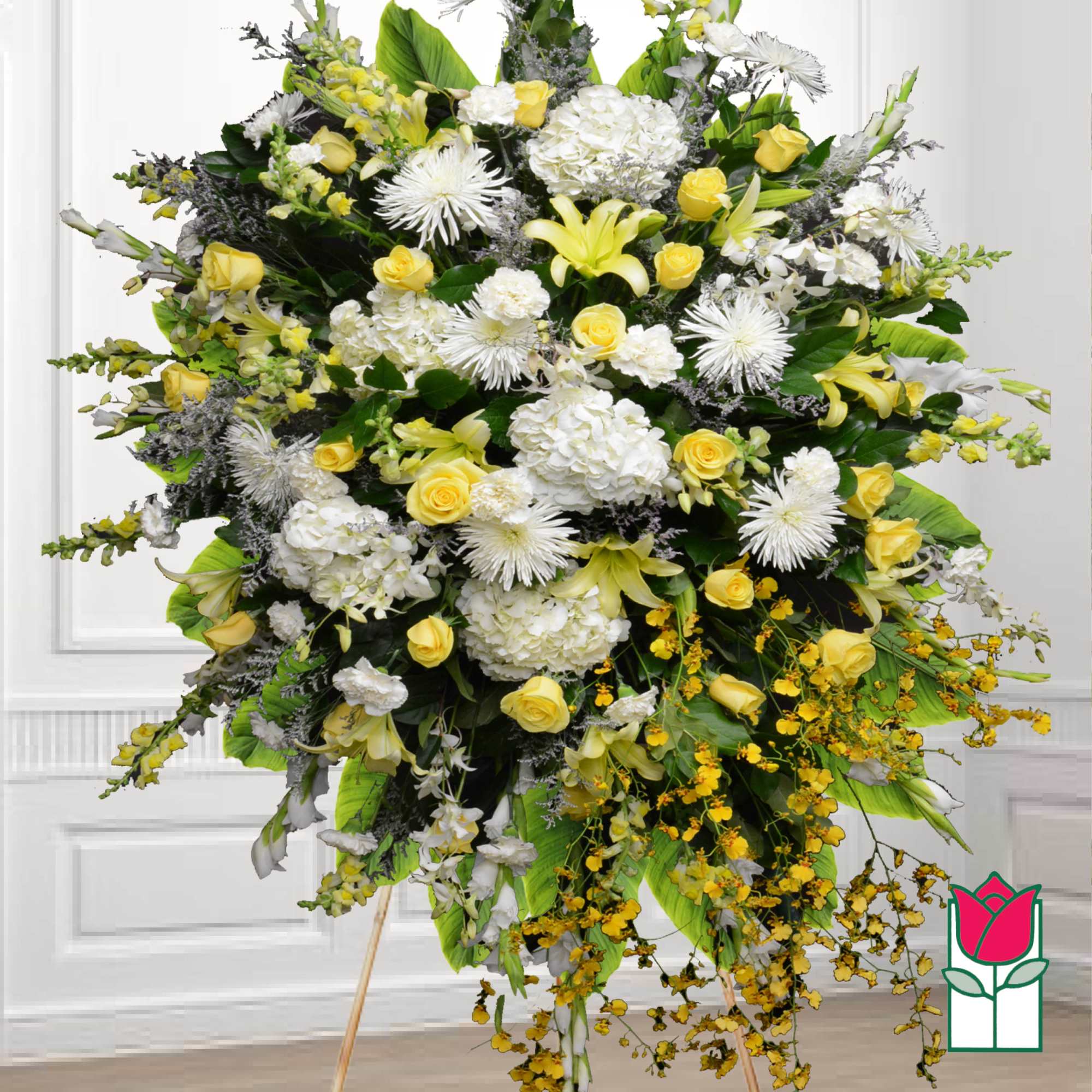 Large standing floral spray with white and yellow flowers