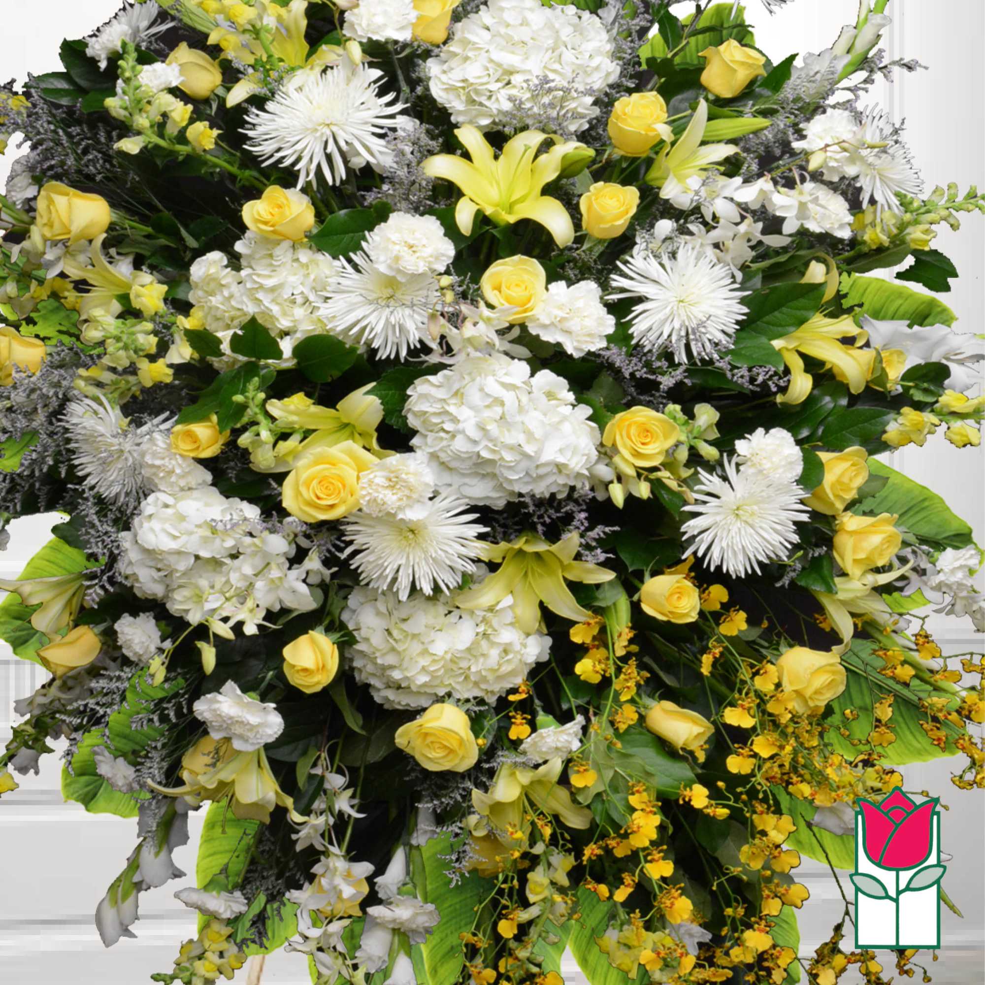 Large funeral spray of yellow roses, white lilies, and white chrysanthemums