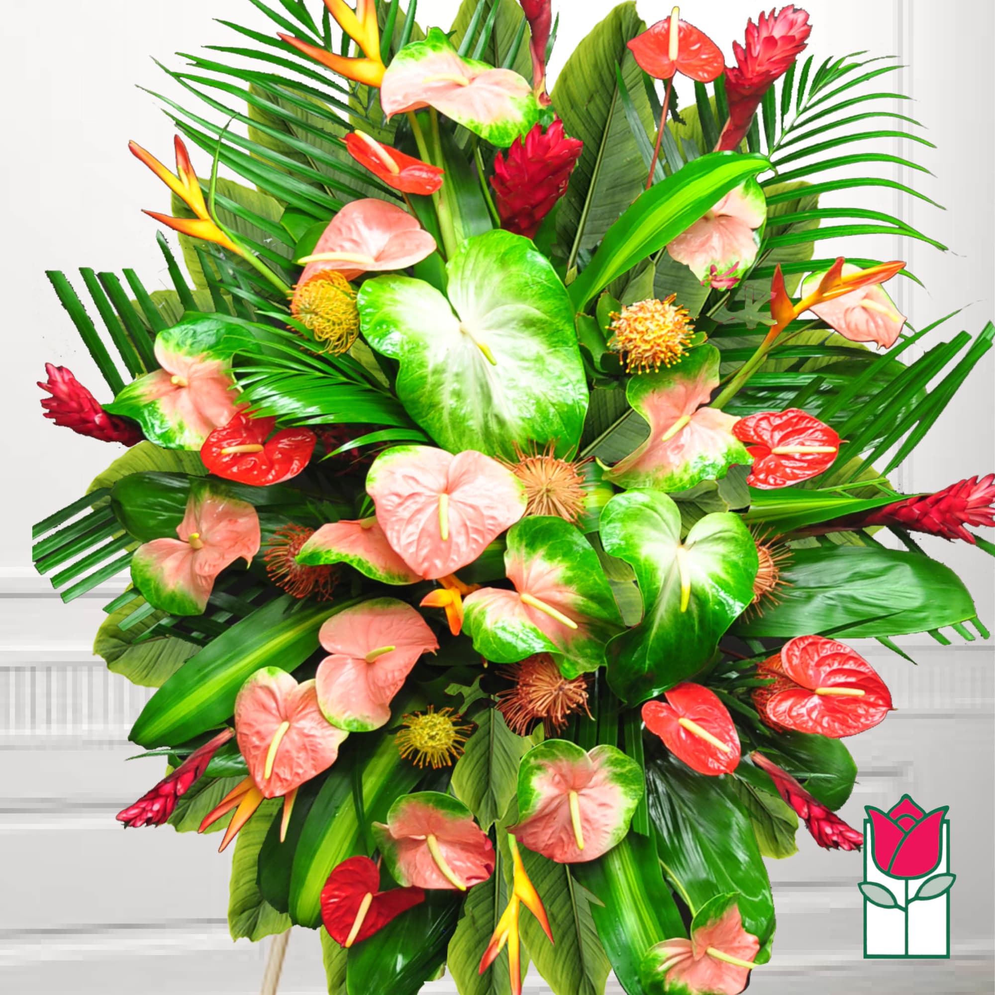 Tropical arrangement with pink and red anthuriums and green foliage
