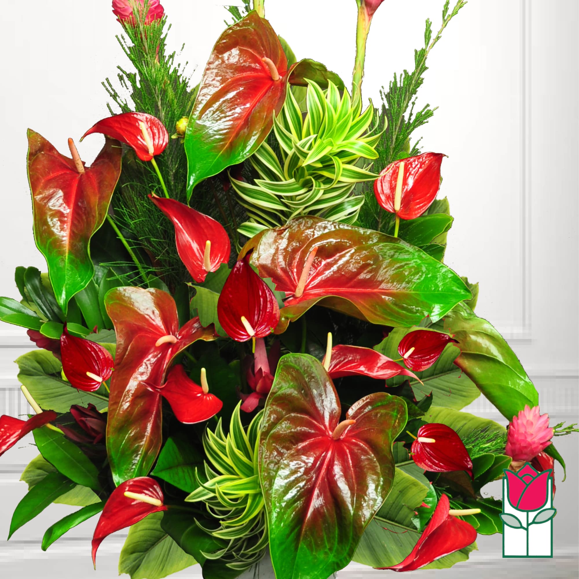 Arrangement of red anthuriums with green tropical foliage
