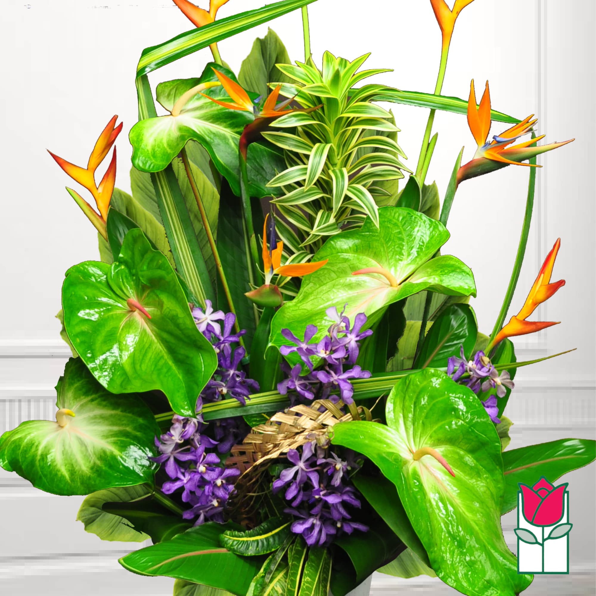 Tropical arrangement with orange bird-of-paradise and purple orchids