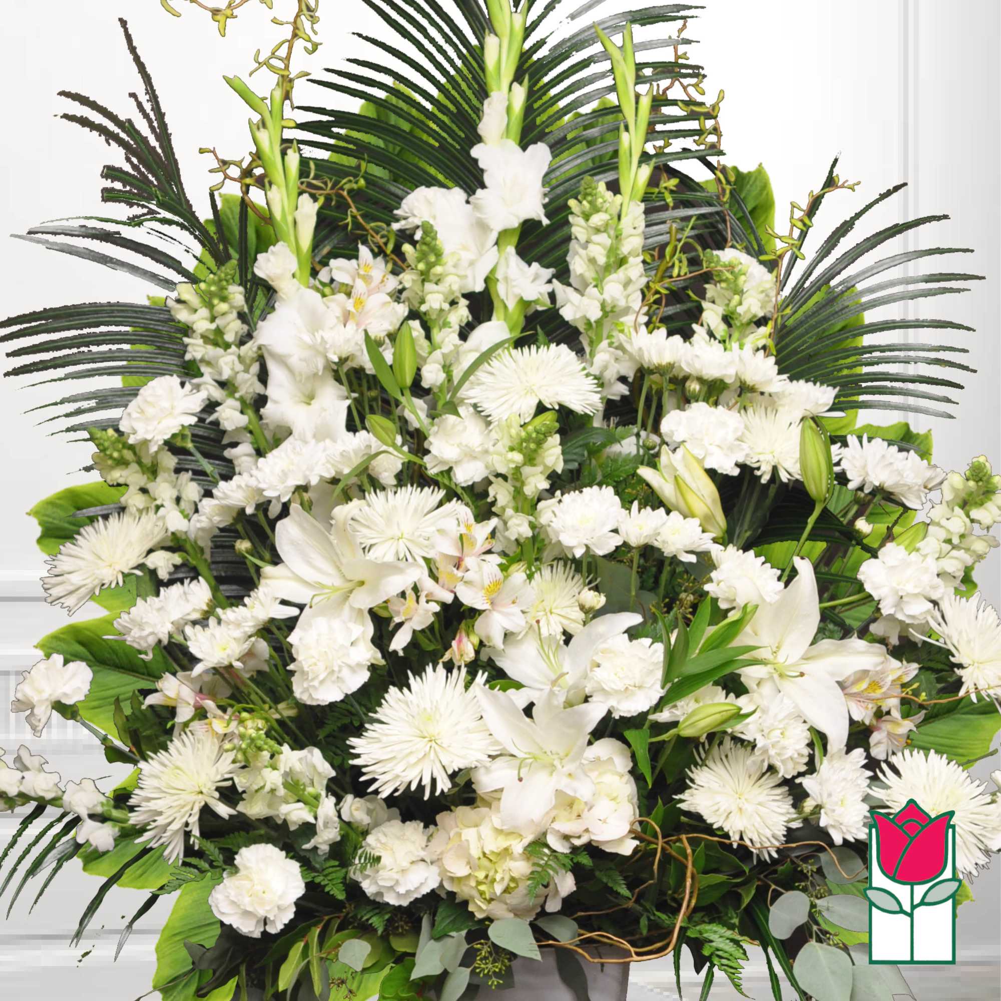 Large white floral spray with lilies and chrysanthemums
