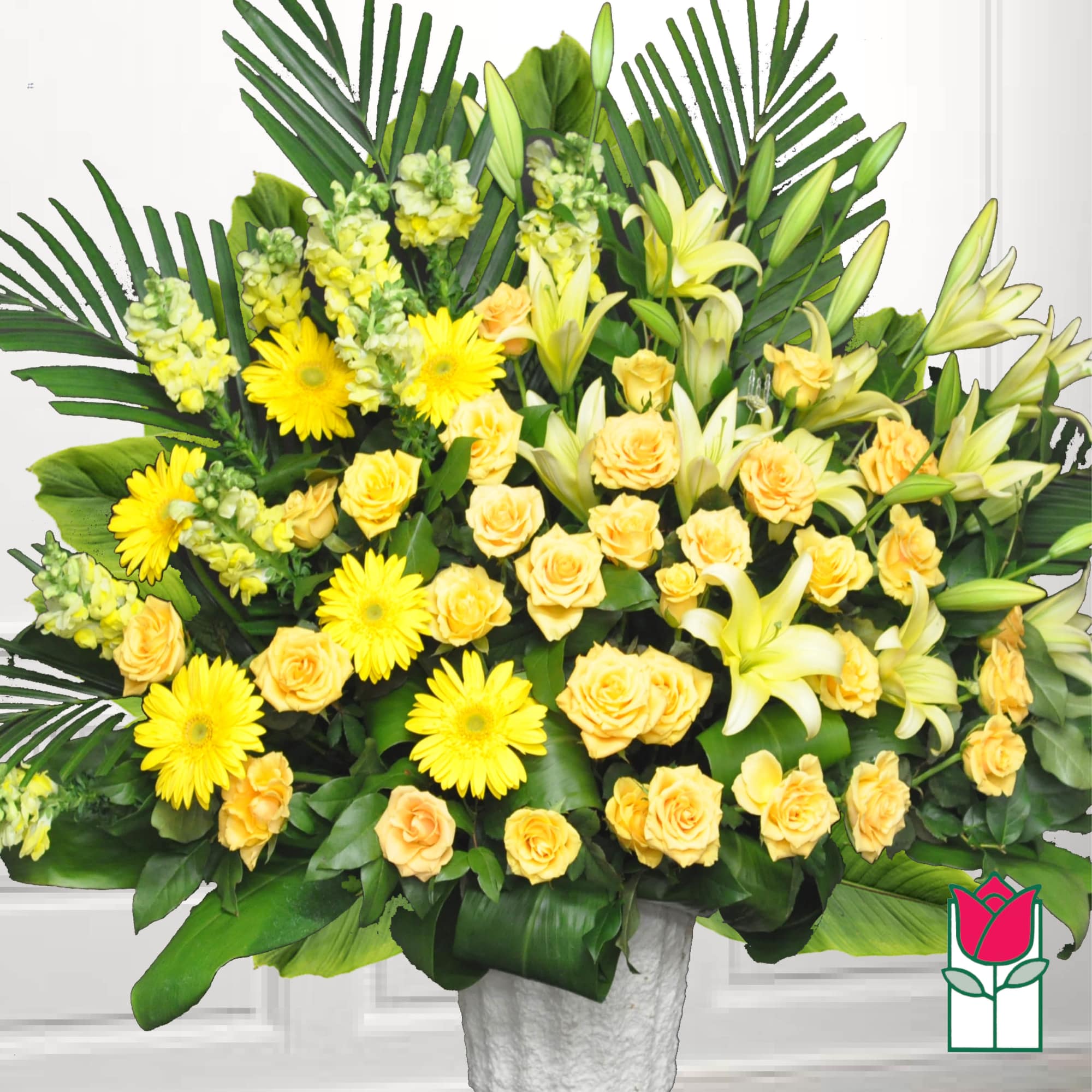 Yellow roses and lilies arranged in a white vase, photo 2 of 2