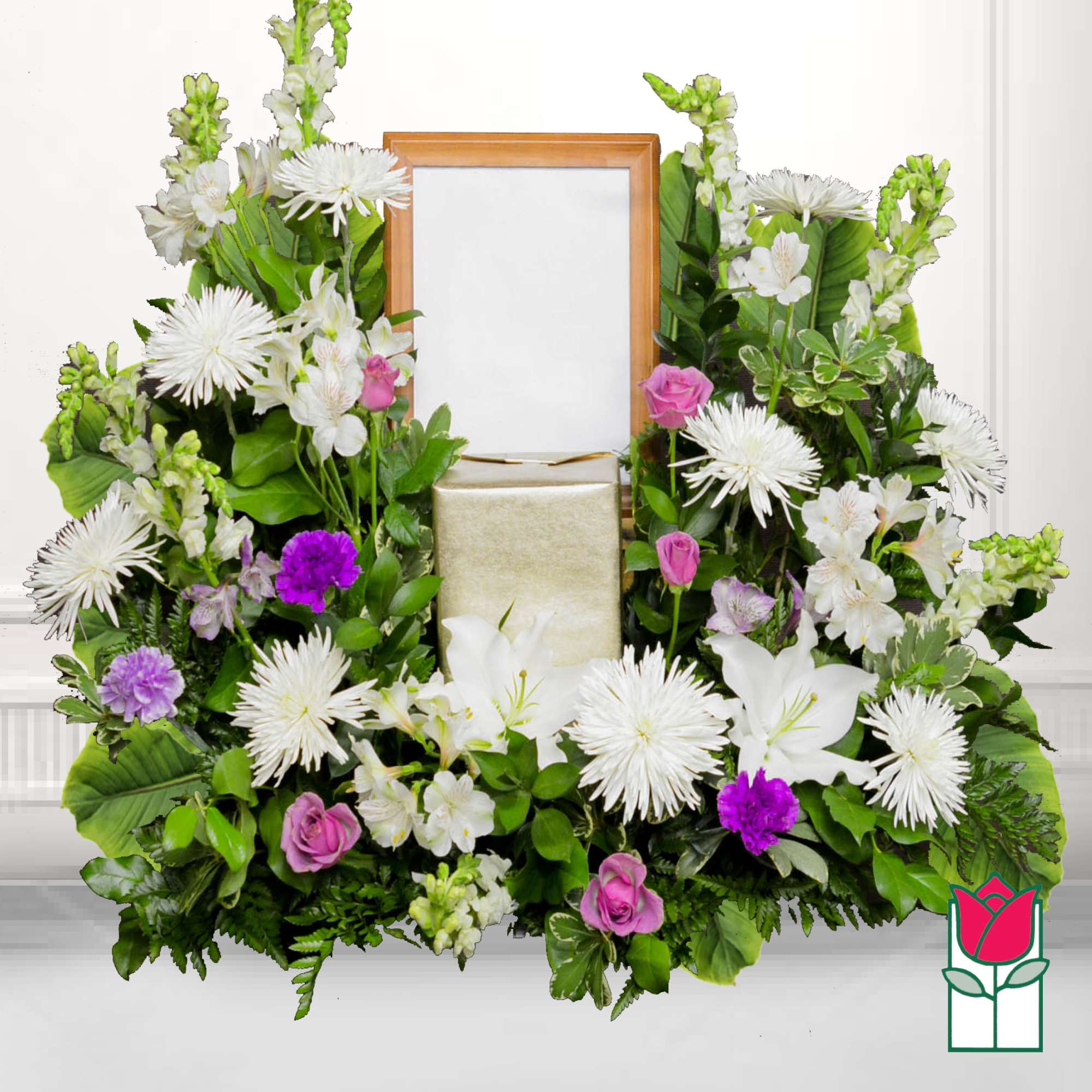 Symmetrical floral frame with a blank center and a gold box at the base