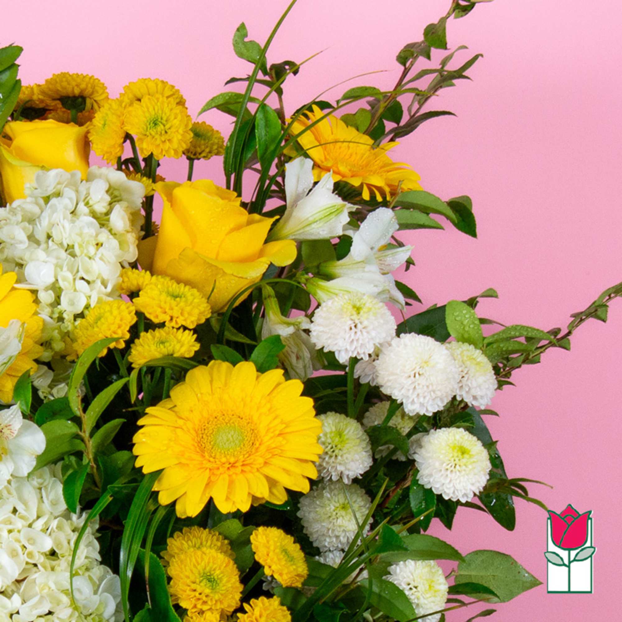 Yellow roses and white chrysanthemums in a mixed bouquet