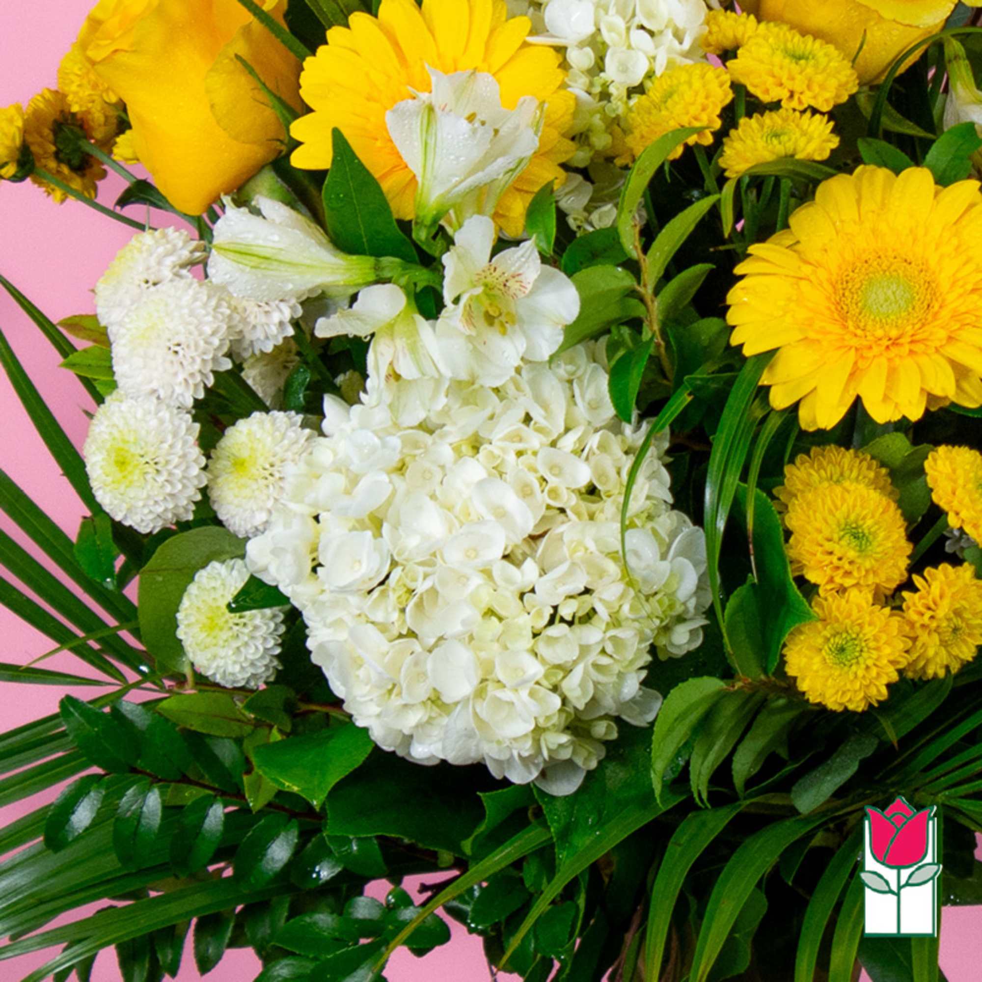 Yellow and white mixed bouquet with hydrangea and daisies