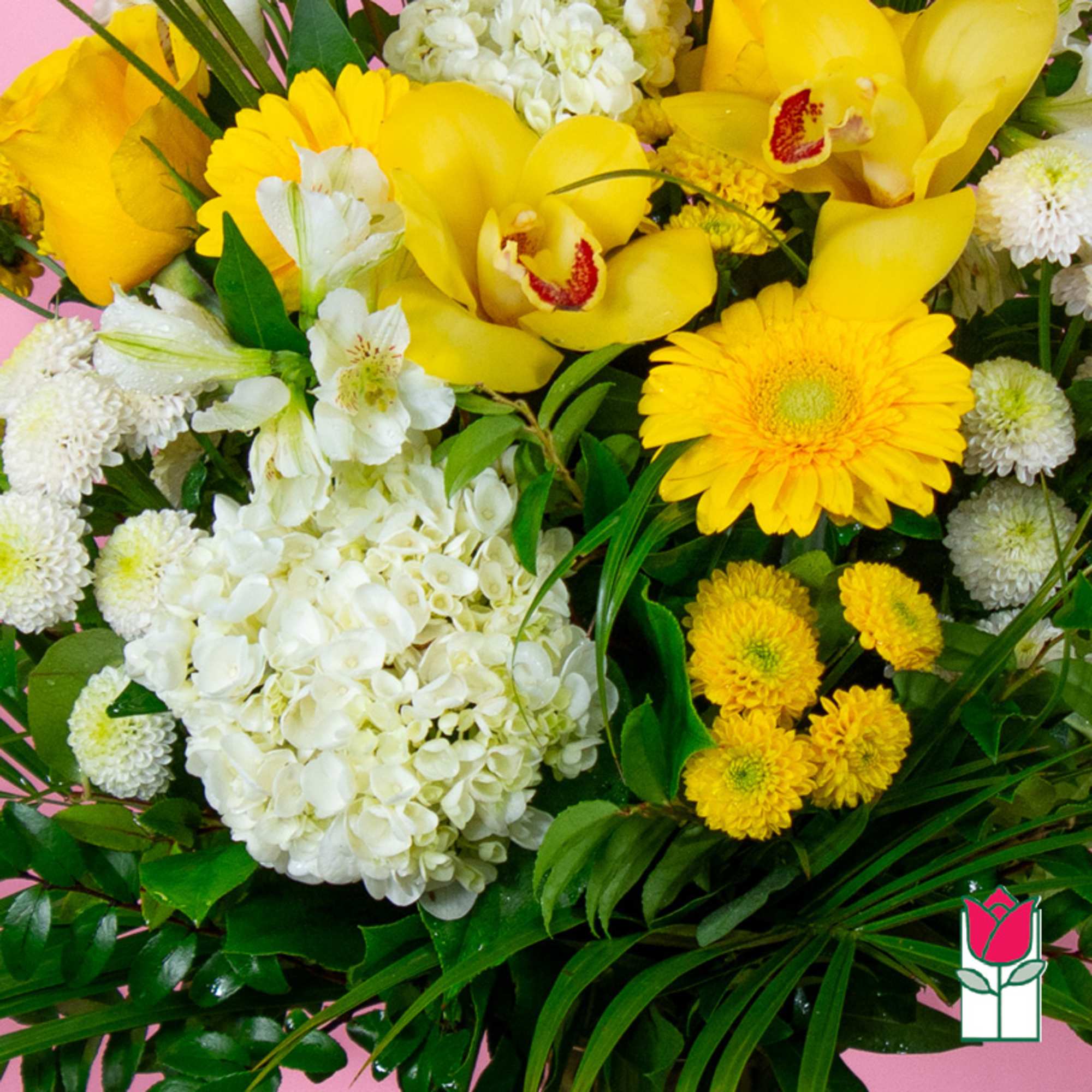Yellow bouquet with white hydrangea and mixed white blooms