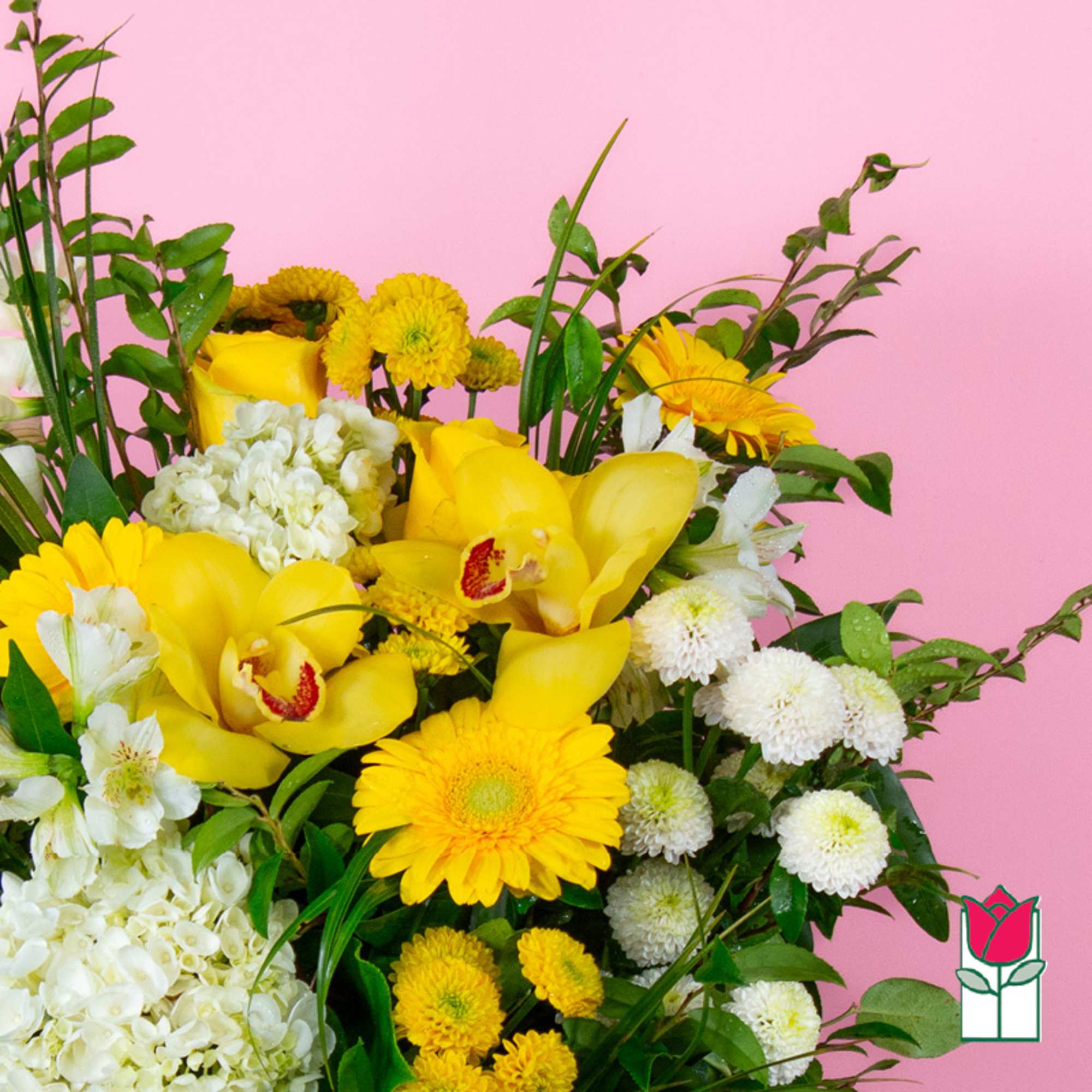 Yellow orchids and daisies arranged with white blooms against a pink background.