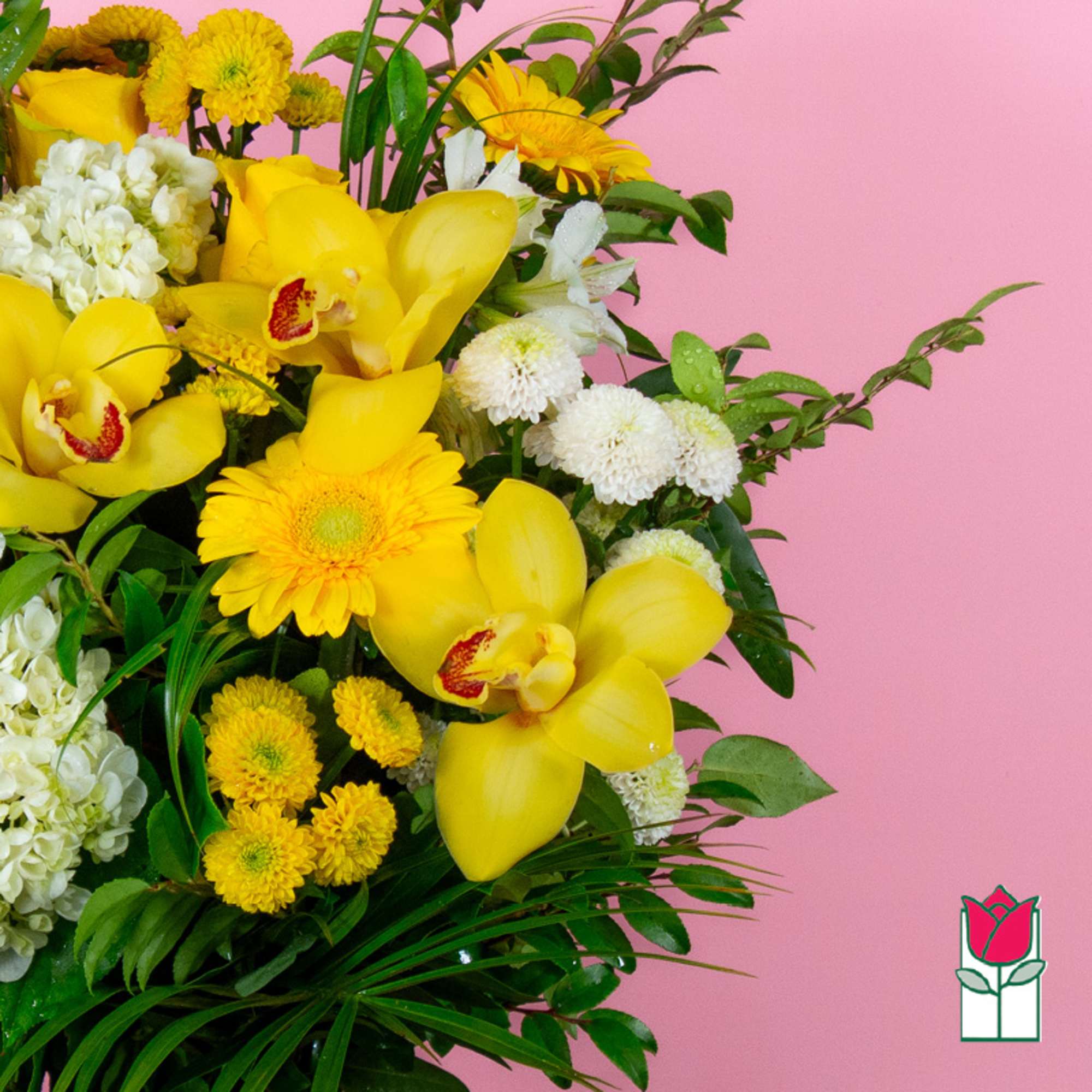 Yellow orchids and daisies in a mixed bouquet against a pink background