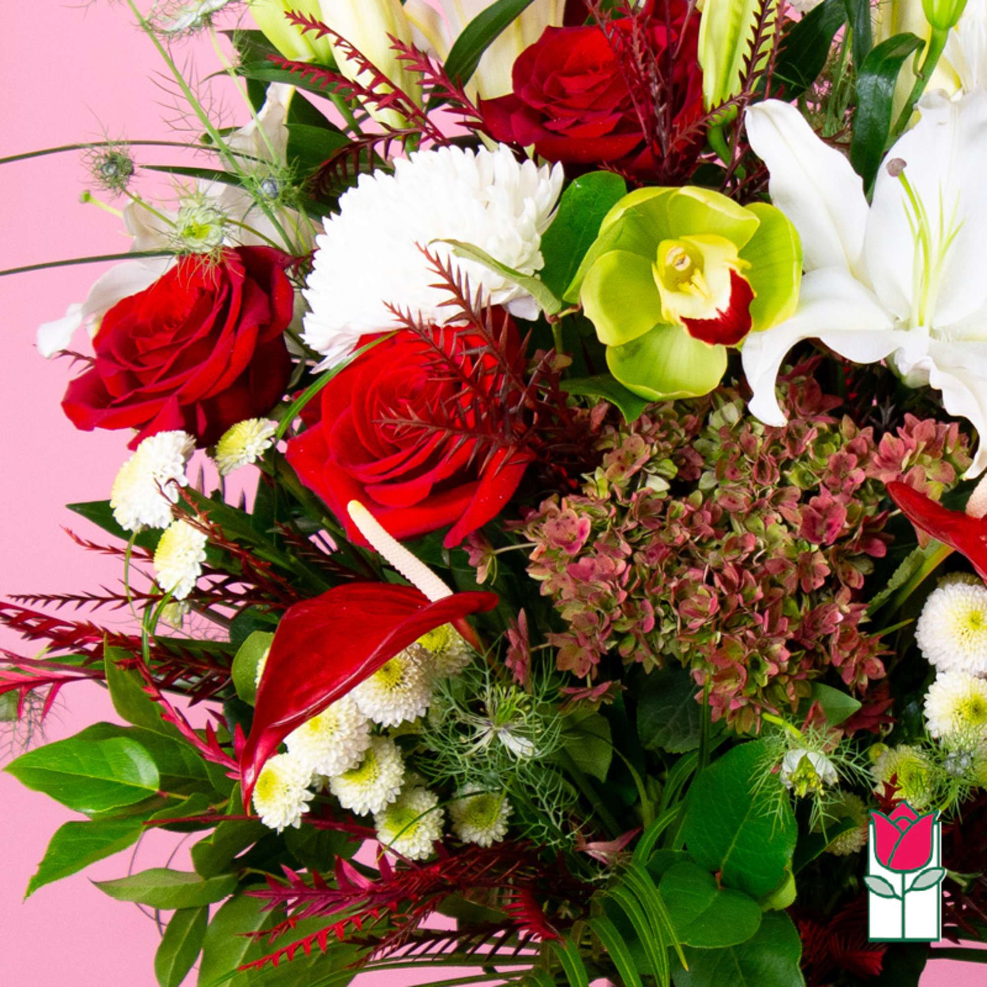 Bouquet of red roses, white lilies, and white daisies