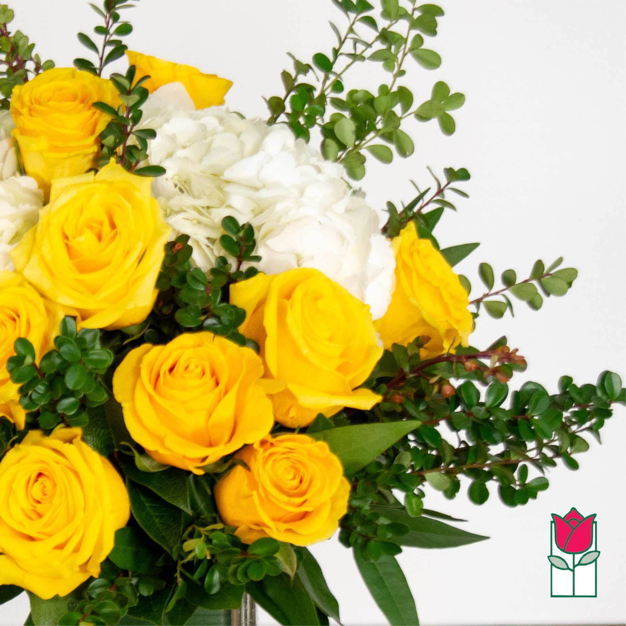 Yellow and white rose bouquet with greenery