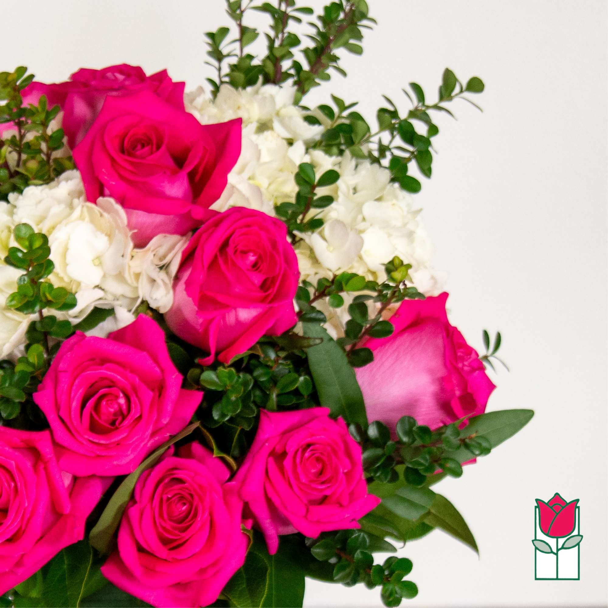 Bouquet of hot pink roses and white flowers with greenery, photo 4 of 5