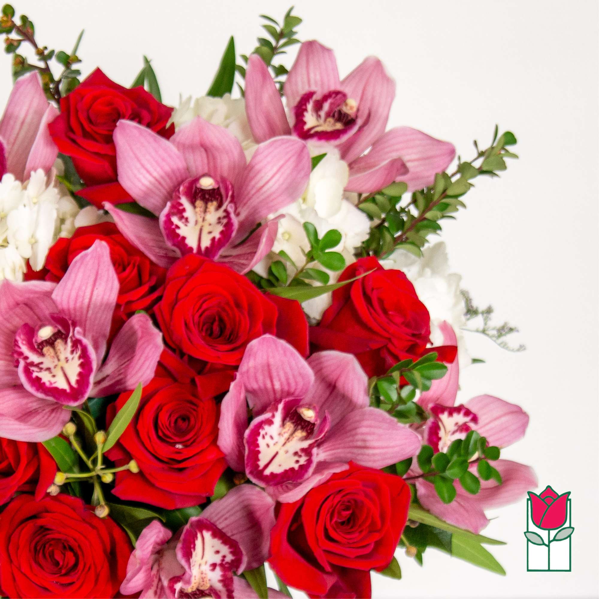 Bouquet of red roses and pink orchids with white flowers