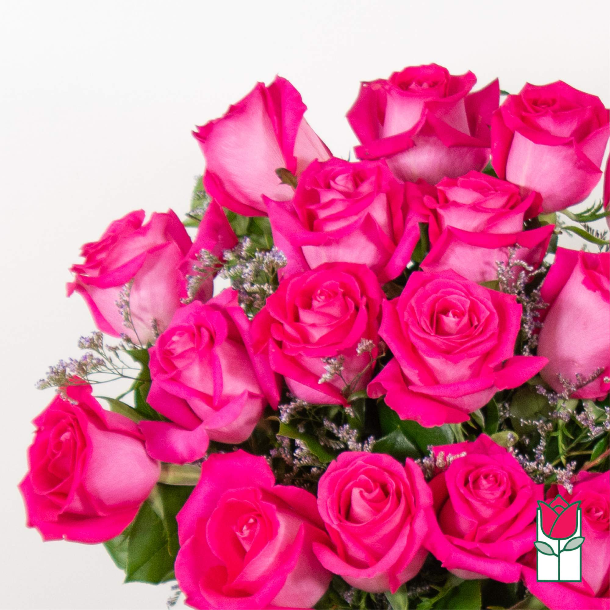 Bouquet of bright pink roses with small filler flowers, photo 3 of 4