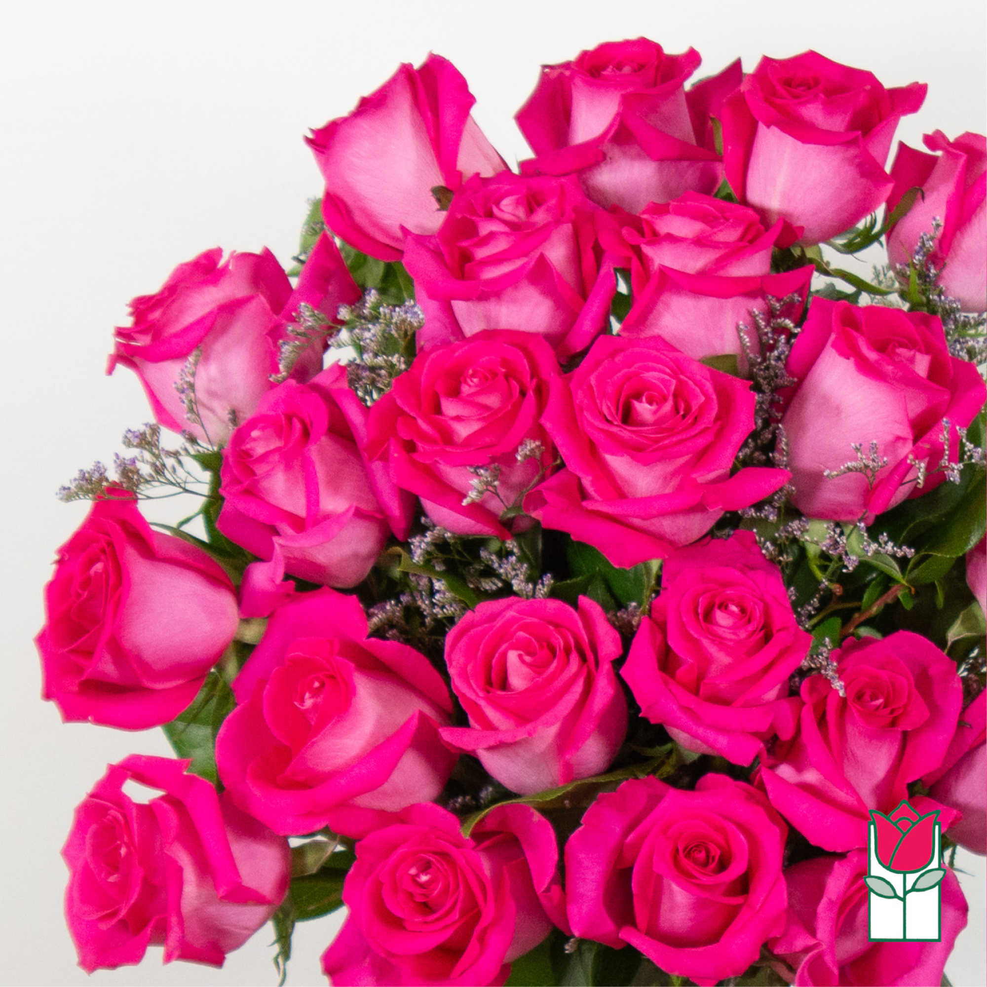 Bouquet of bright pink roses with small filler flowers, photo 3 of 4