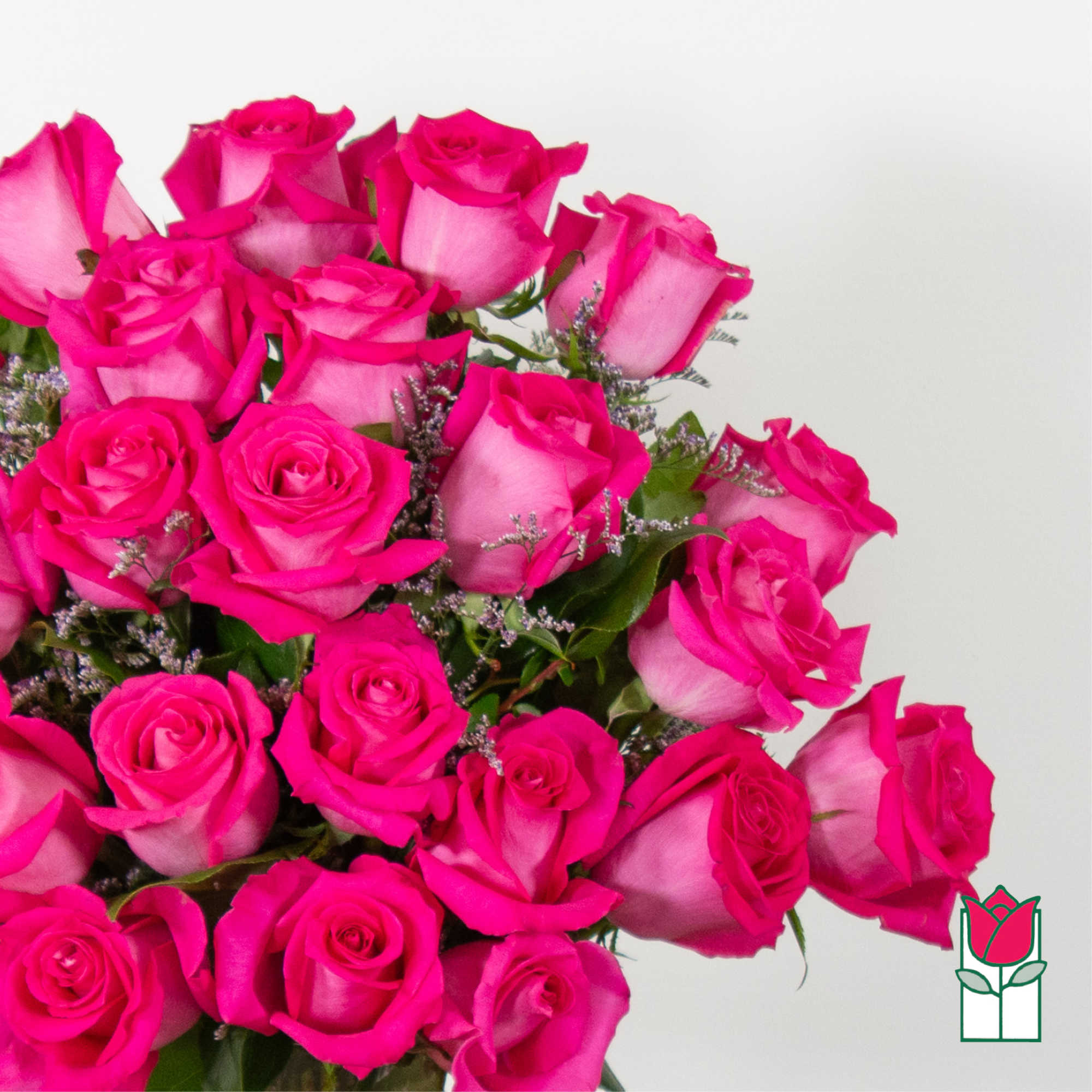 Bouquet of bright pink roses with small filler flowers, photo 4 of 4