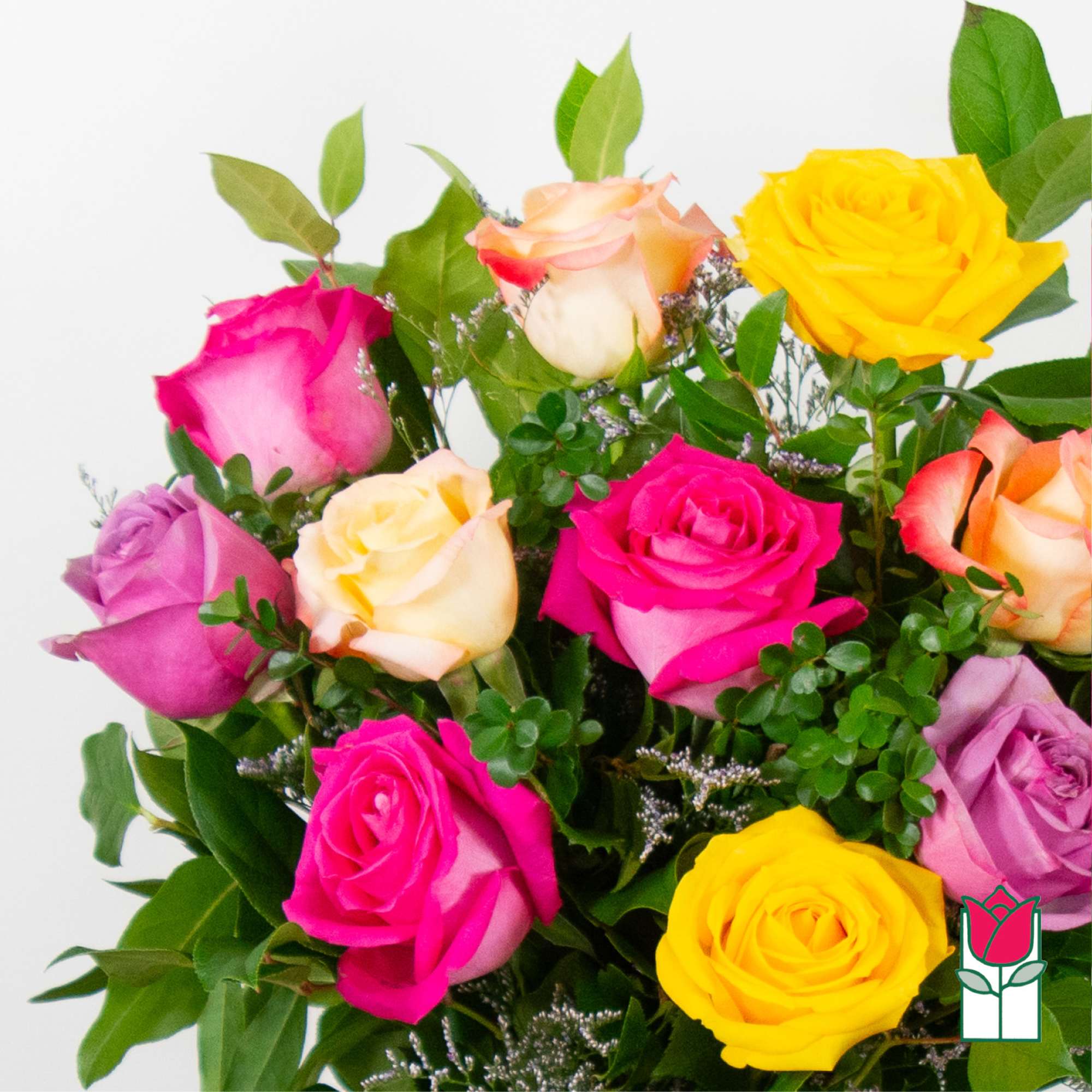 Bouquet of multicolored roses with greenery, photo 4 of 8