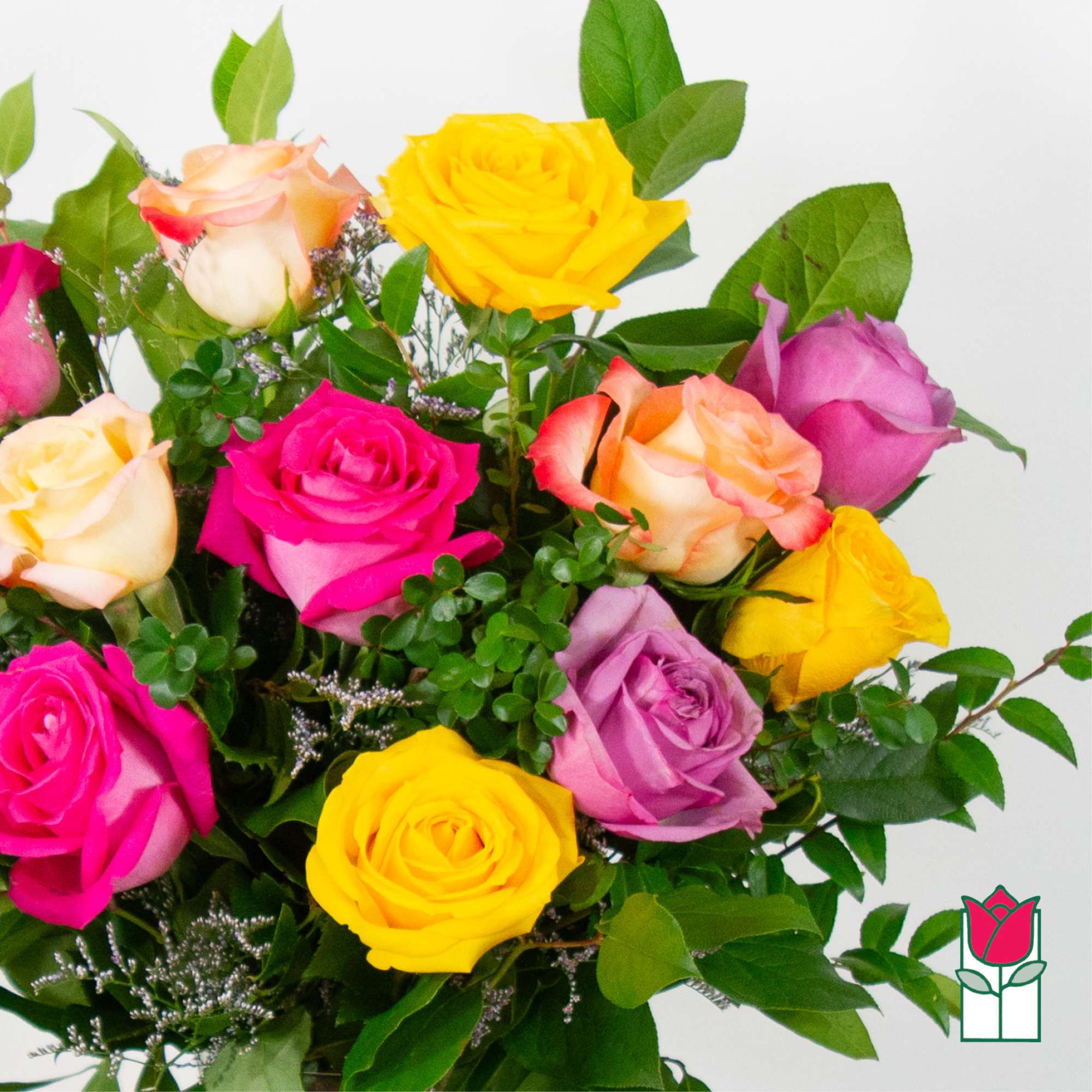Bouquet of multicolored roses with greenery, photo 5 of 8