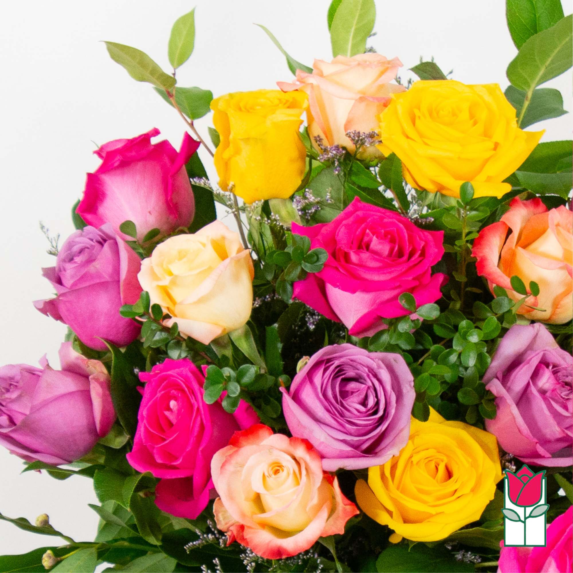 Bouquet of multicolored roses with greenery, photo 4 of 8