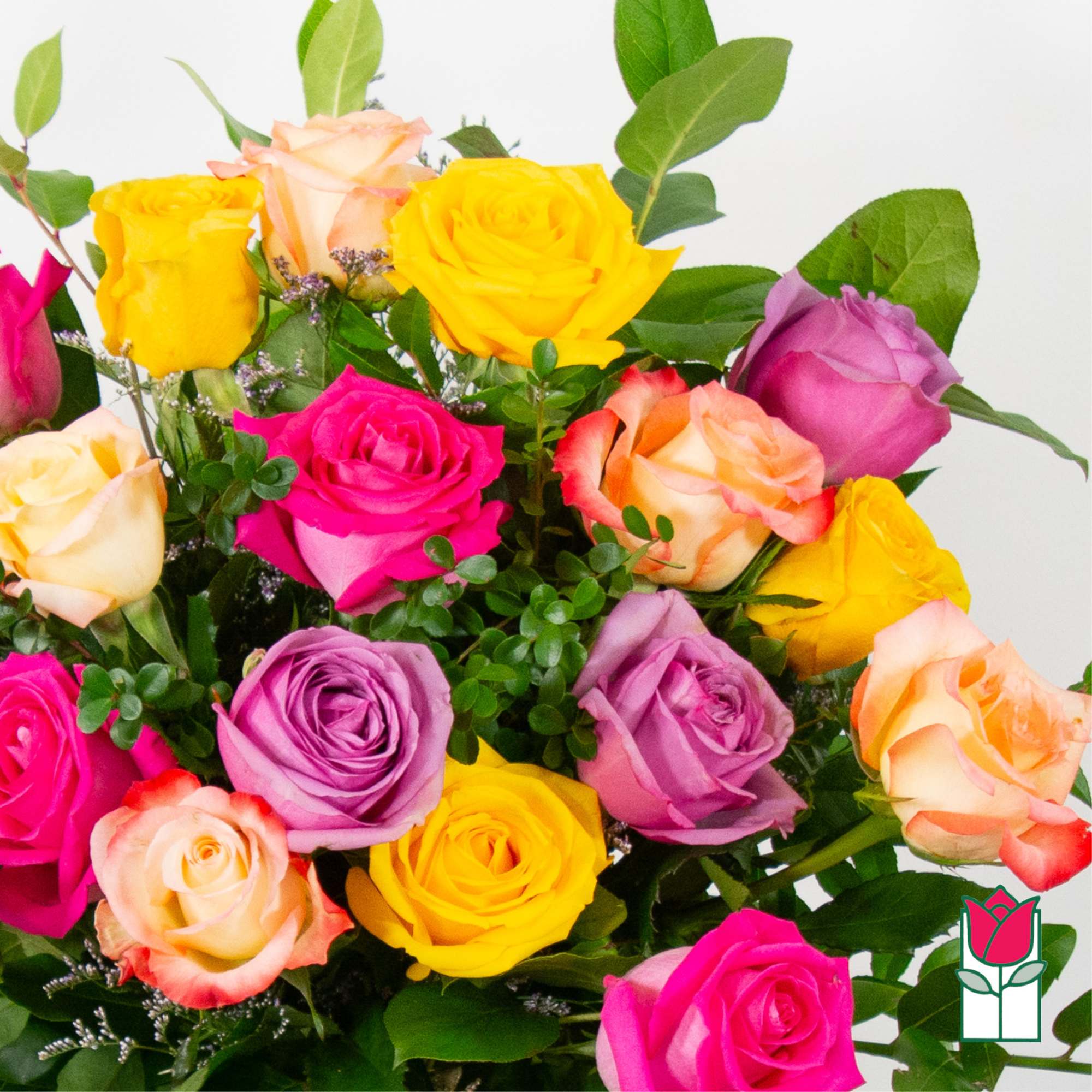 Bouquet of multicolored roses with greenery, photo 5 of 8