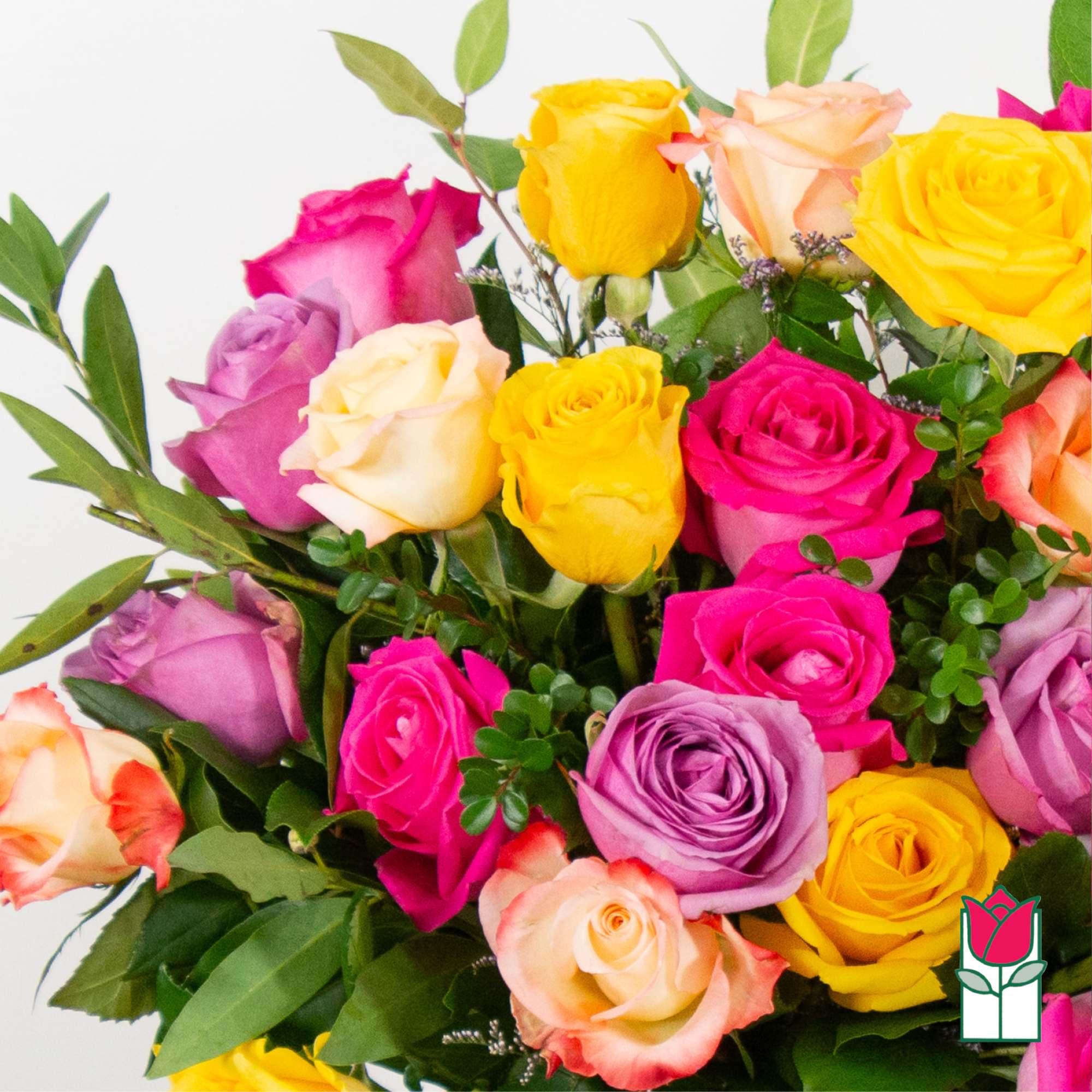 Bouquet of multicolored roses with greenery