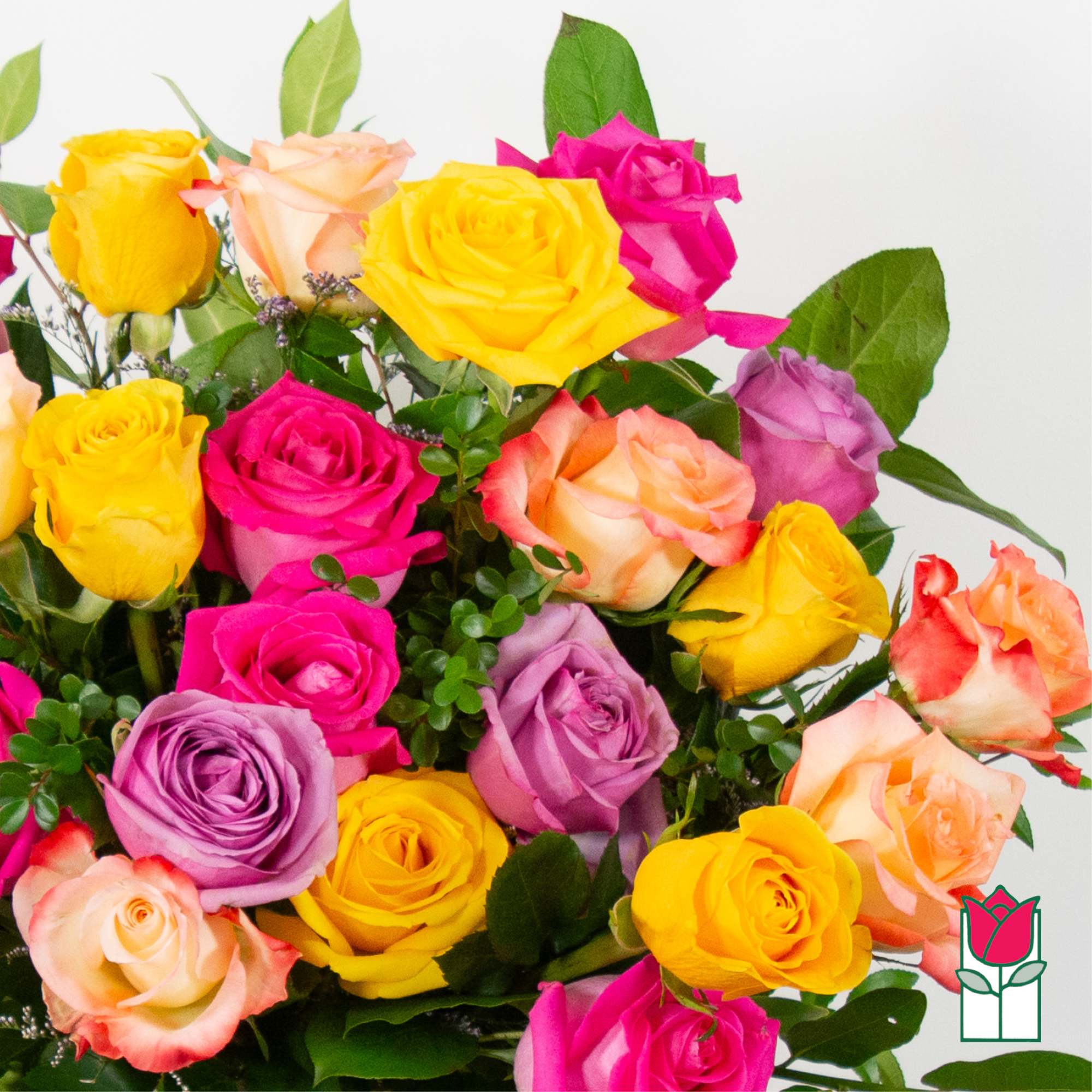 Bouquet of multicolored roses with green leaves