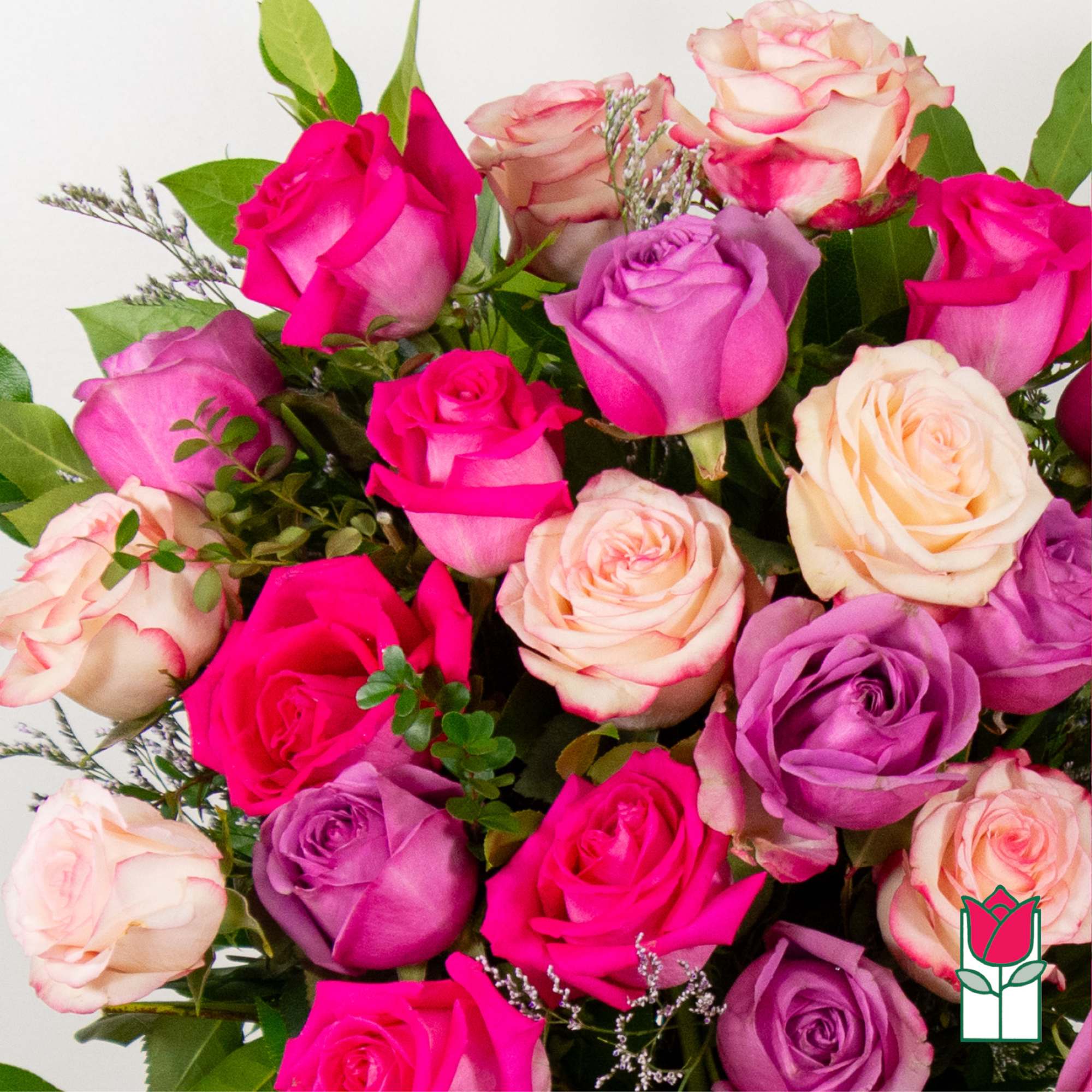 Bouquet of pink, purple, and peach roses