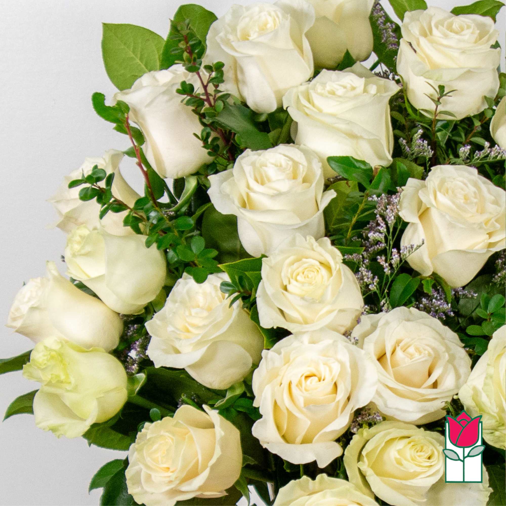 Bouquet of cream white roses with green foliage