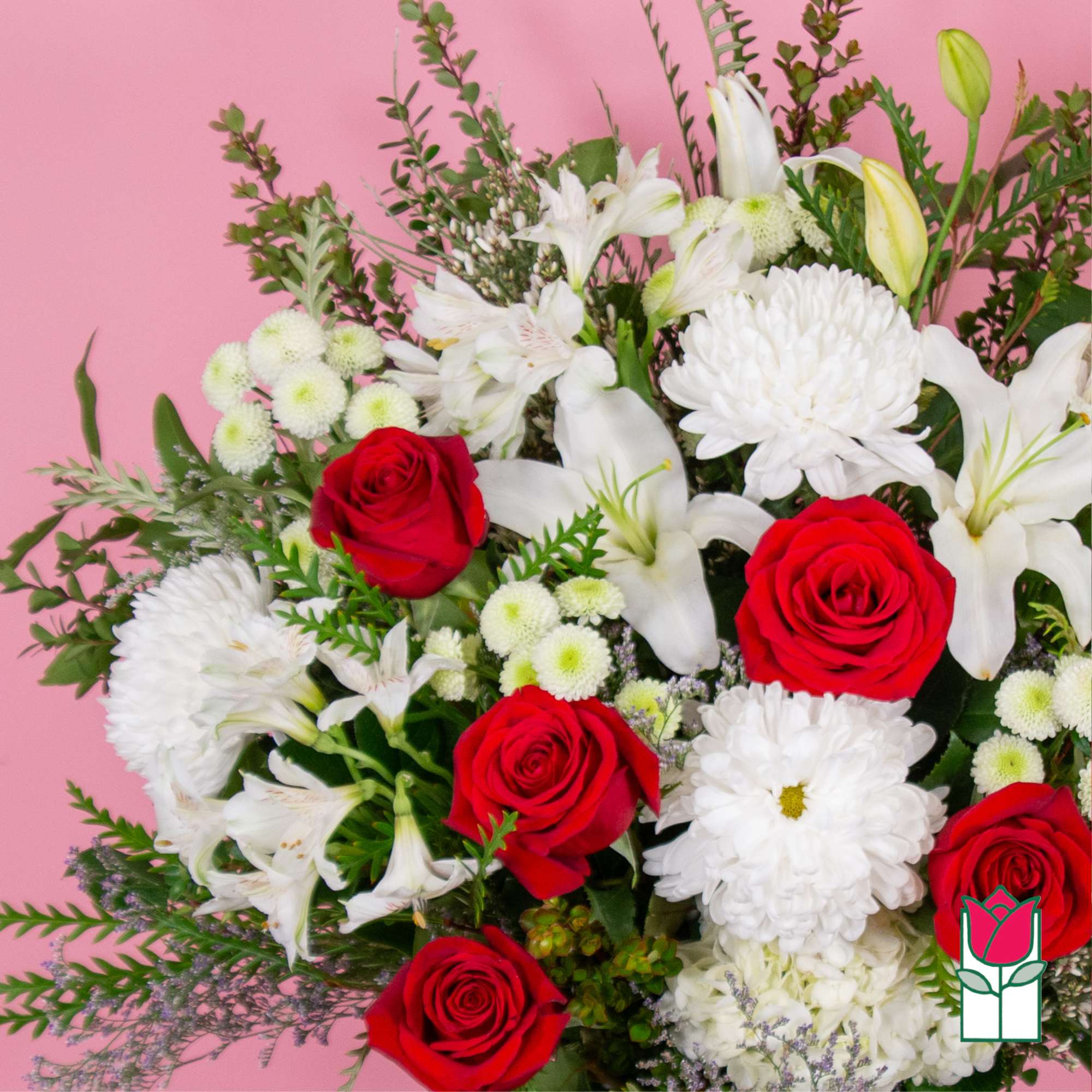 Bouquet of red roses and white lilies with white daisies