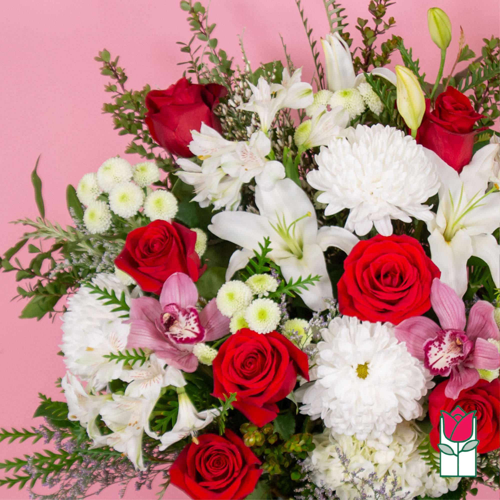 Bouquet of red roses, white lilies, and white chrysanthemums with pink orchids