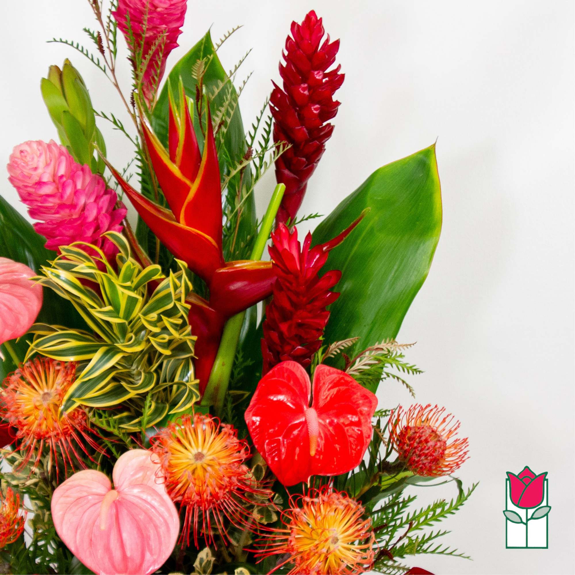 Tropical bouquet with red ginger, anthurium, and pink blooms