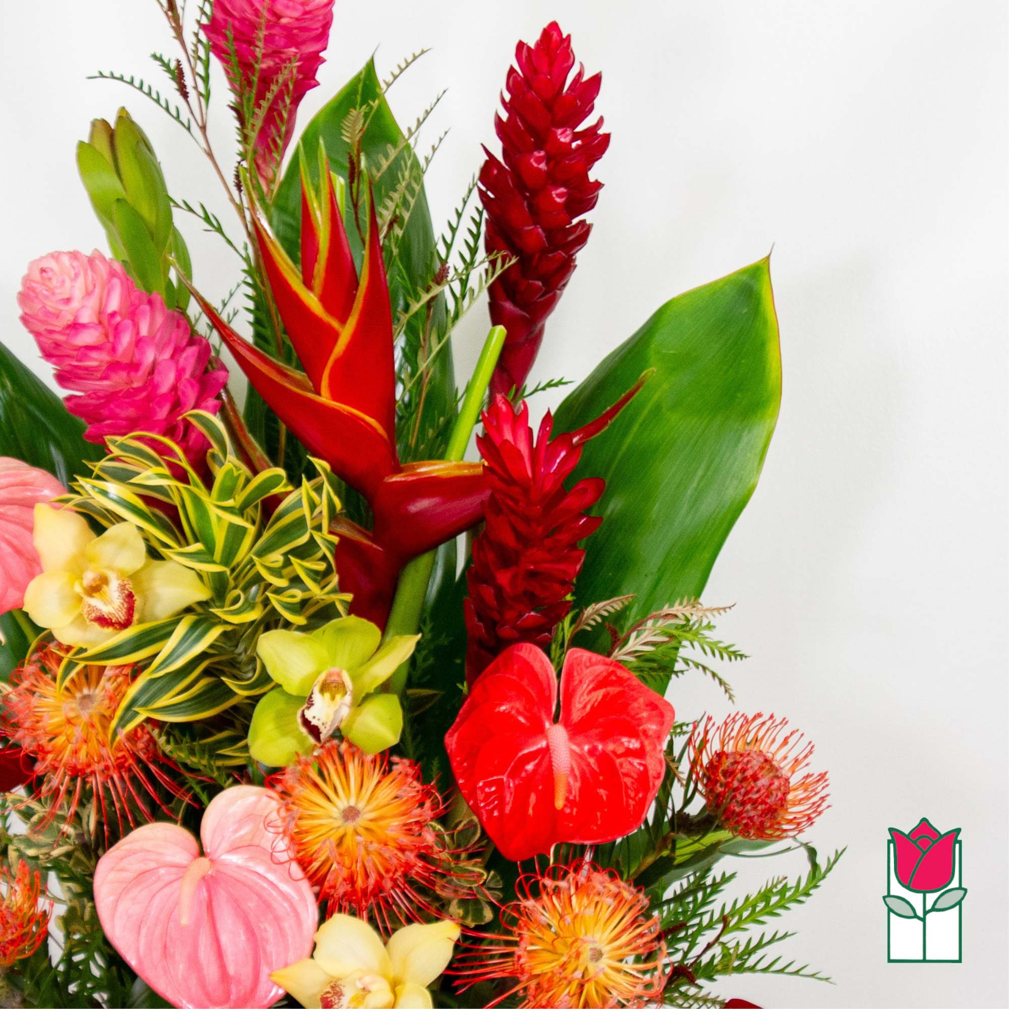 Tropical bouquet with red heliconia, pink anthurium, and orchids