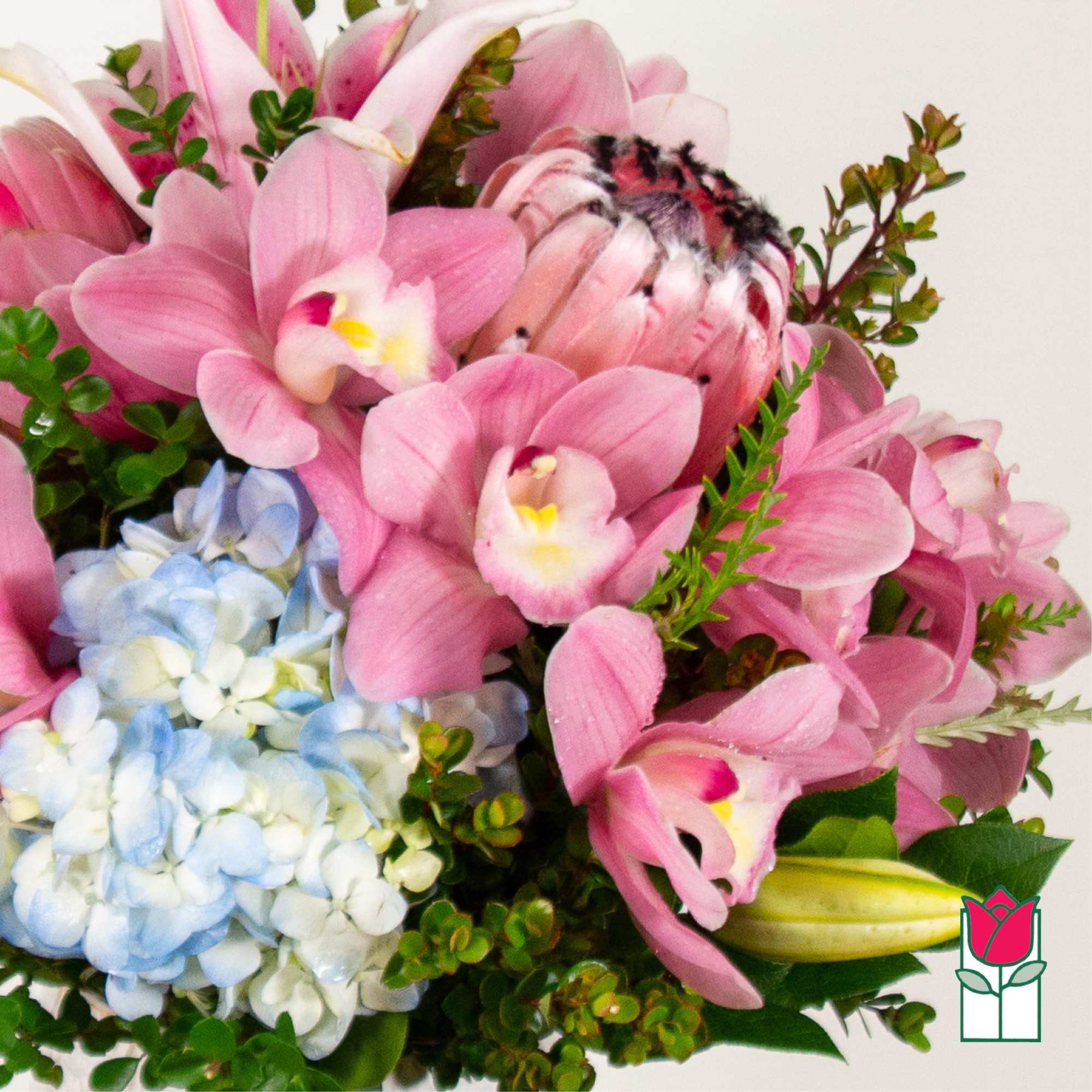 Pink orchids and blue hydrangeas in a bouquet