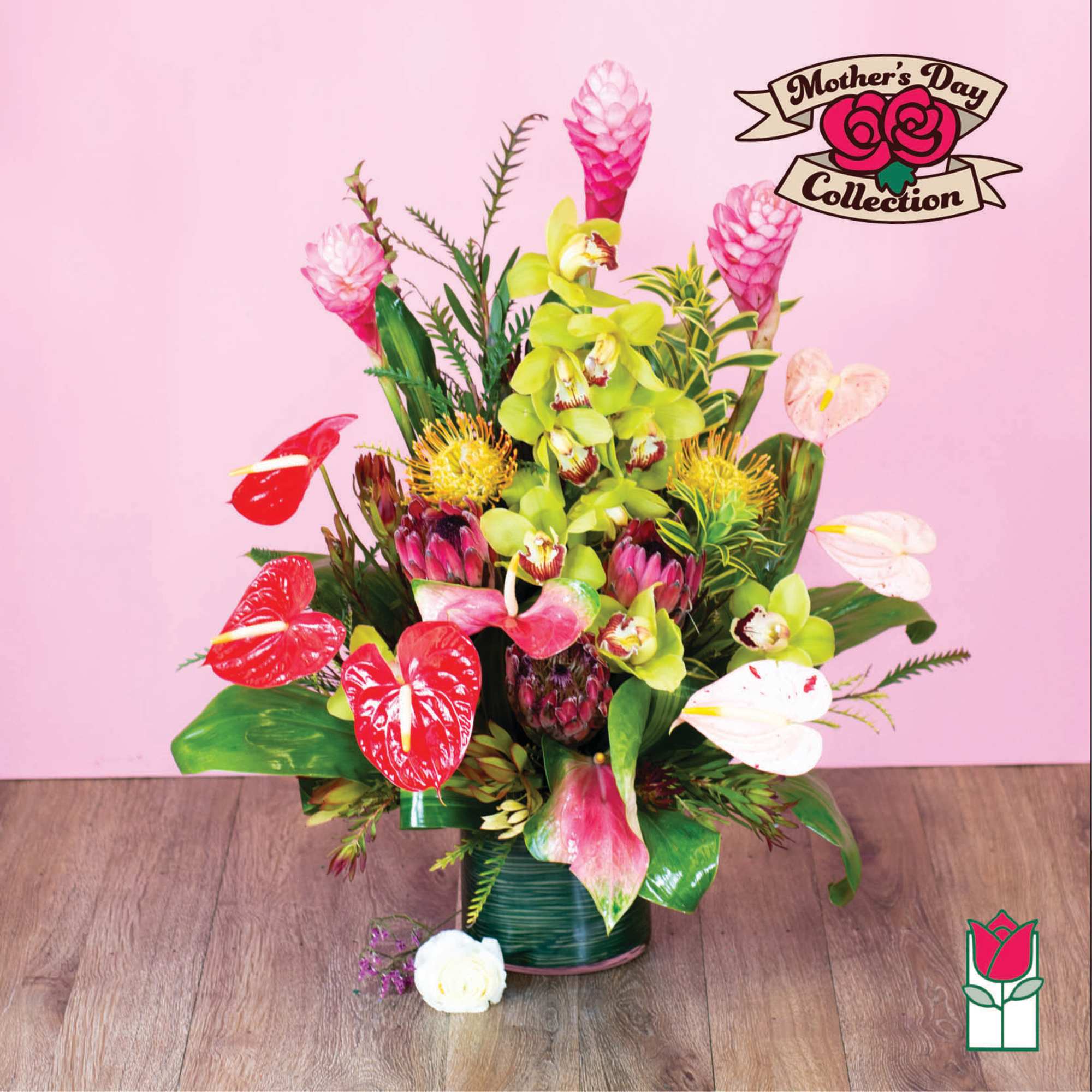 Tropical flower arrangement with orchids and anthuriums in a vase, photo 5 of 5