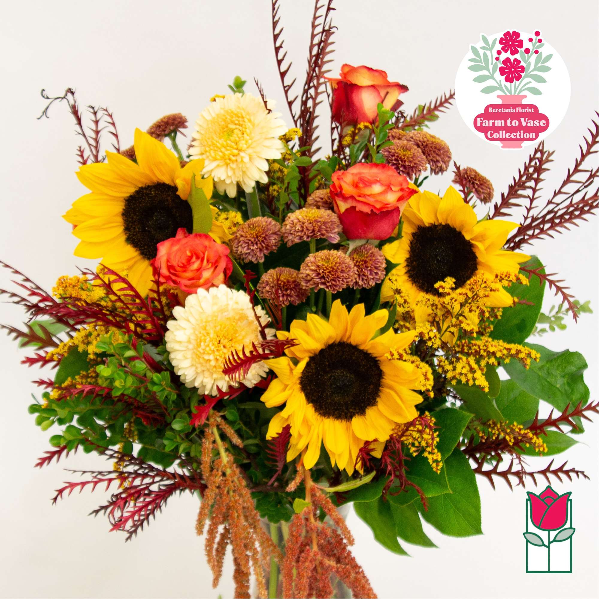 Bouquet with sunflowers, roses, and cream chrysanthemums