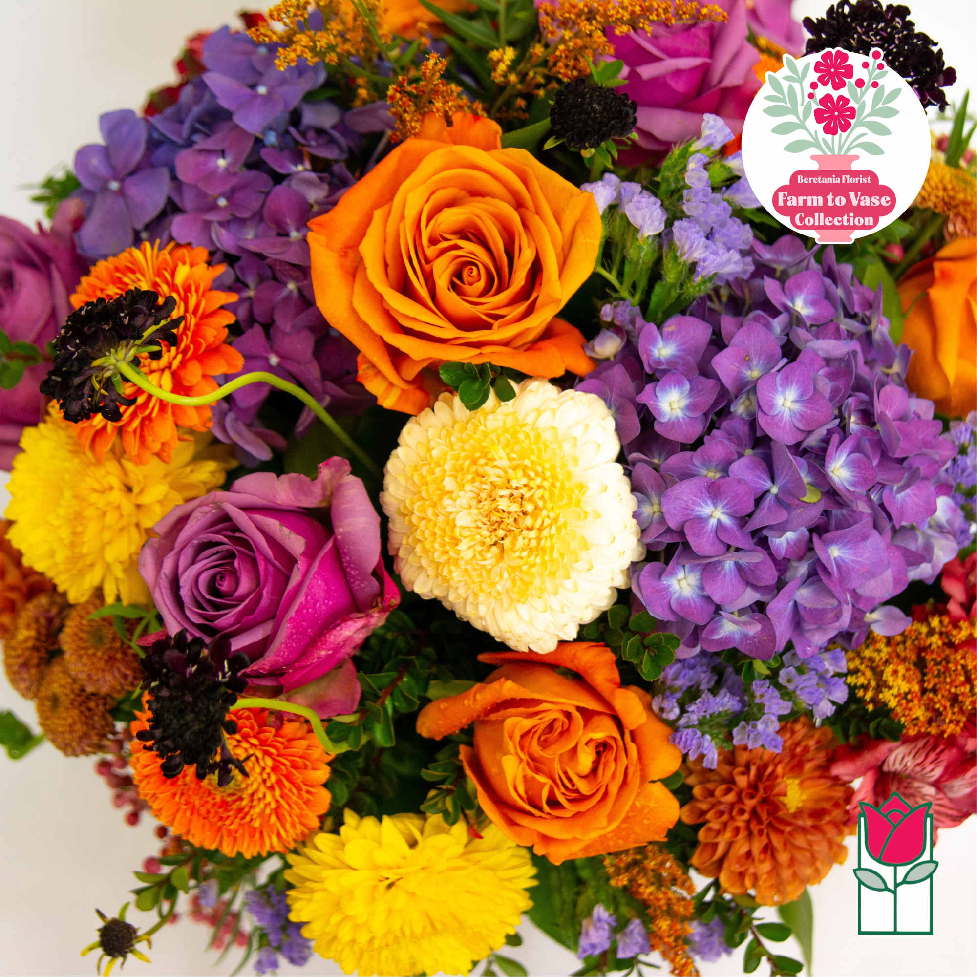 Mixed bouquet with orange and purple roses, hydrangeas, and chrysanthemums