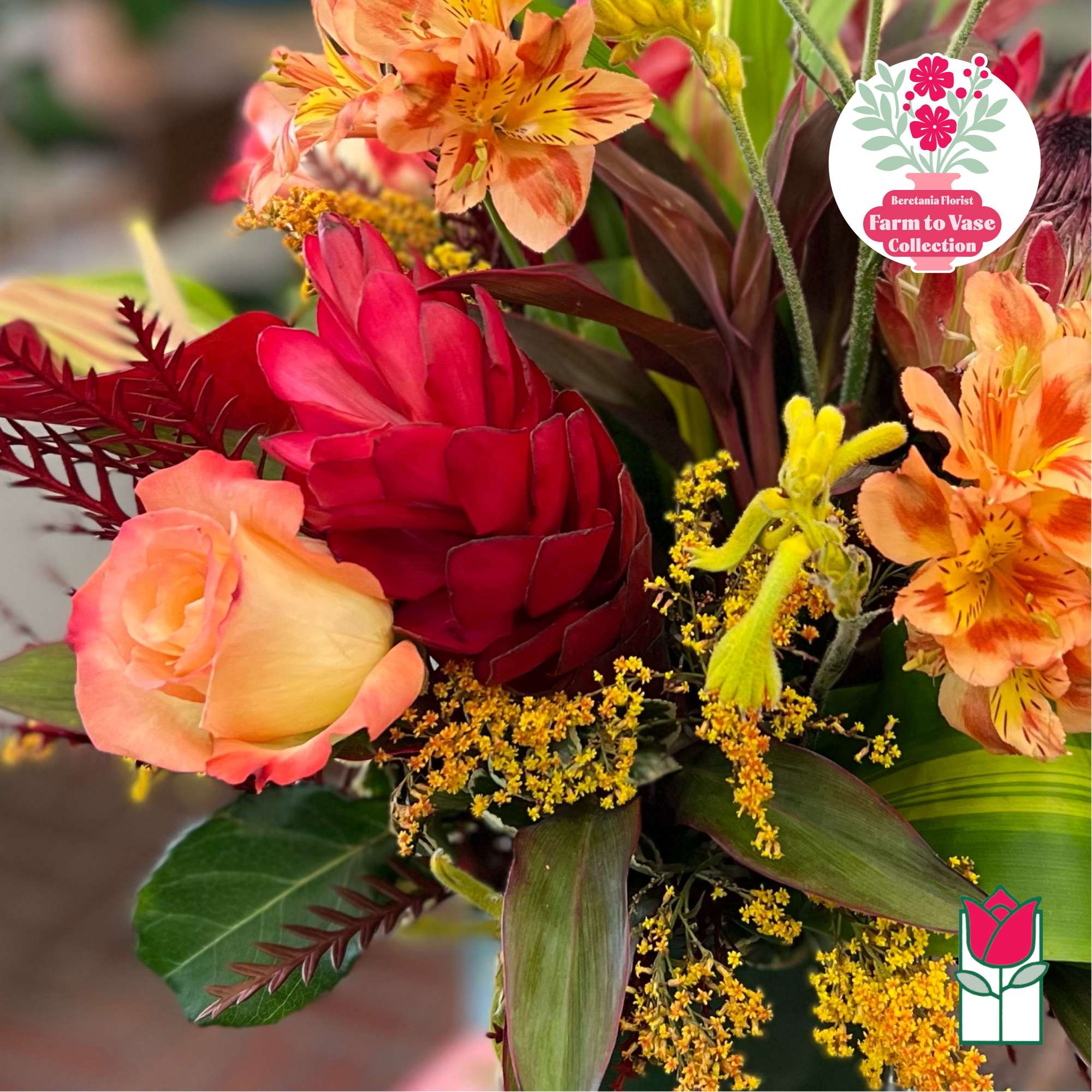 Bouquet with orange alstroemeria, a red protea, and a peach rose