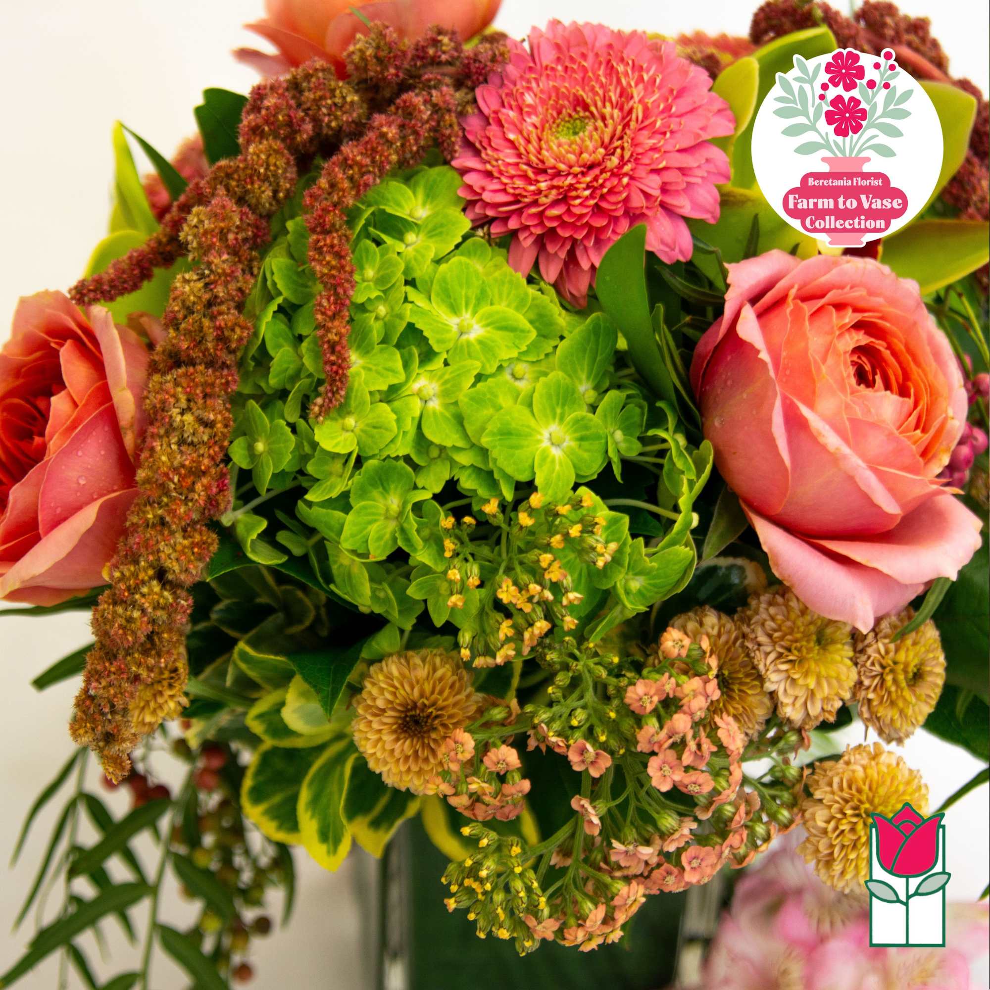 Pink roses and a bright green hydrangea bouquet with mixed filler flowers