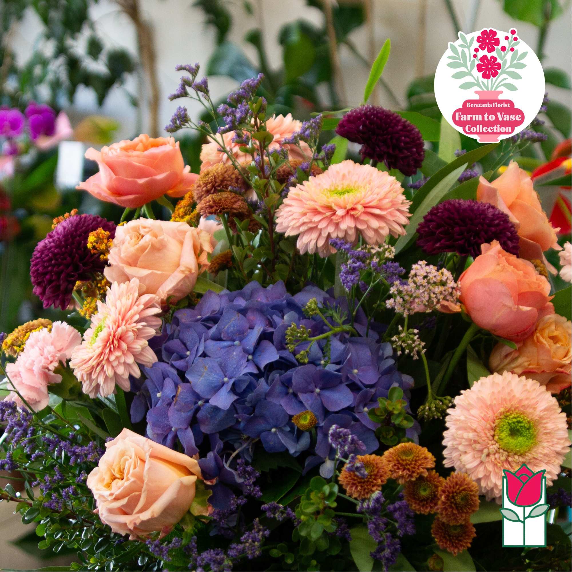Mixed bouquet with peach roses, purple hydrangea, and pink chrysanthemums