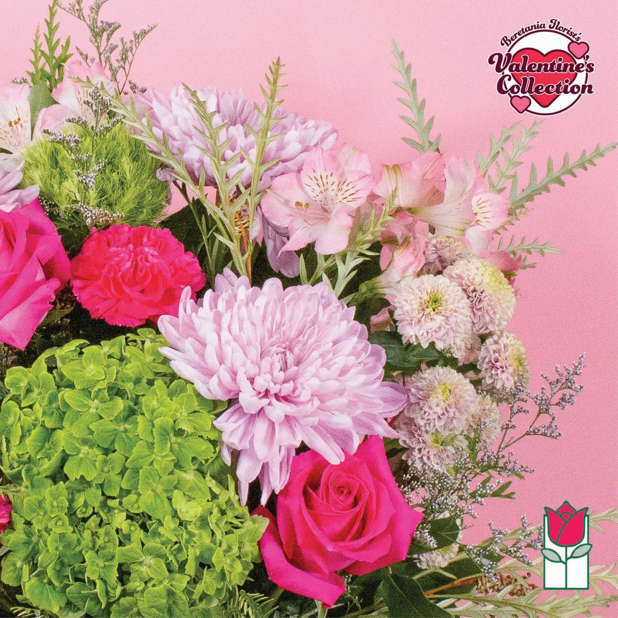 Pink and green bouquet with roses, chrysanthemums, and alstroemeria