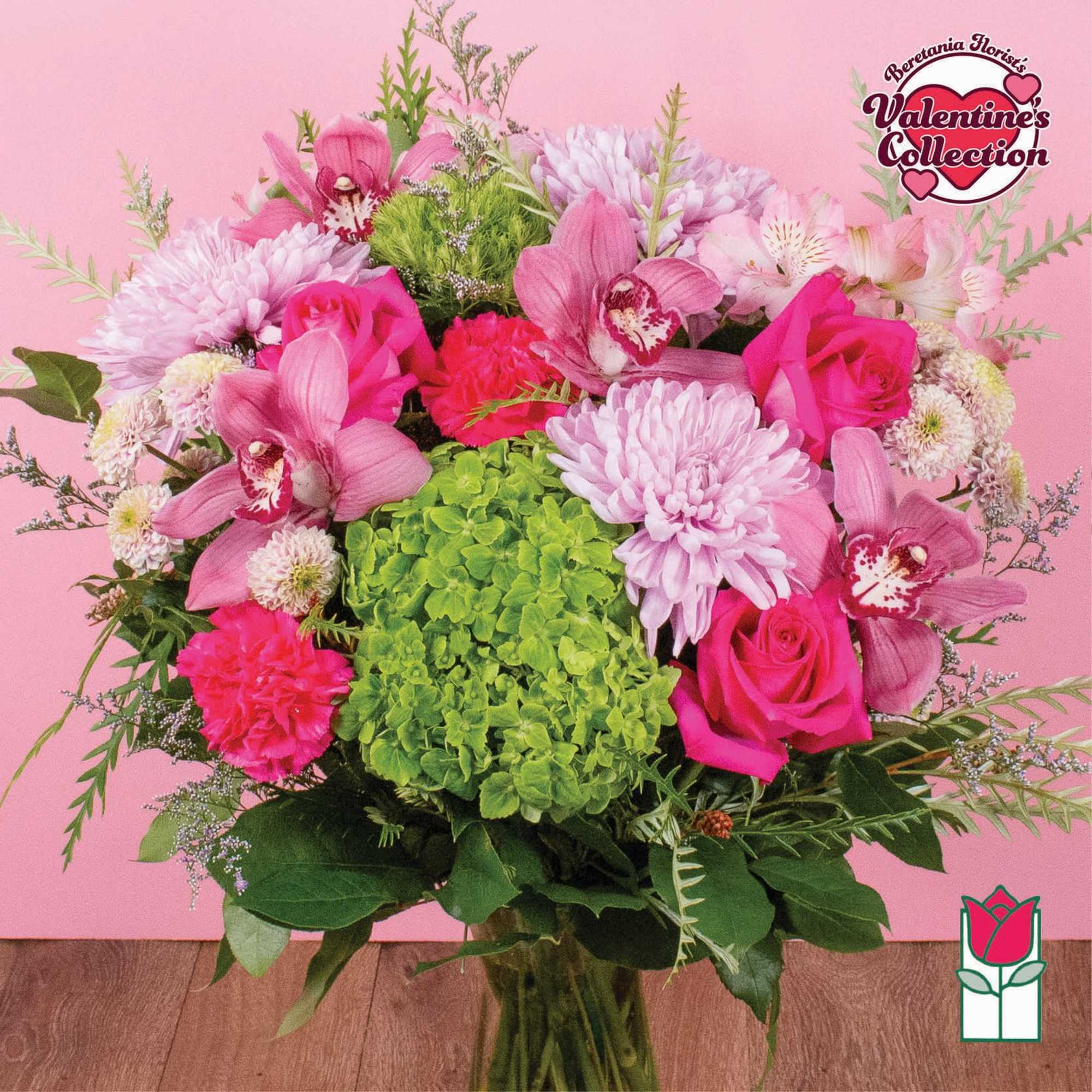 Pink and green mixed bouquet with roses, orchids, and chrysanthemums, photo 6 of 8