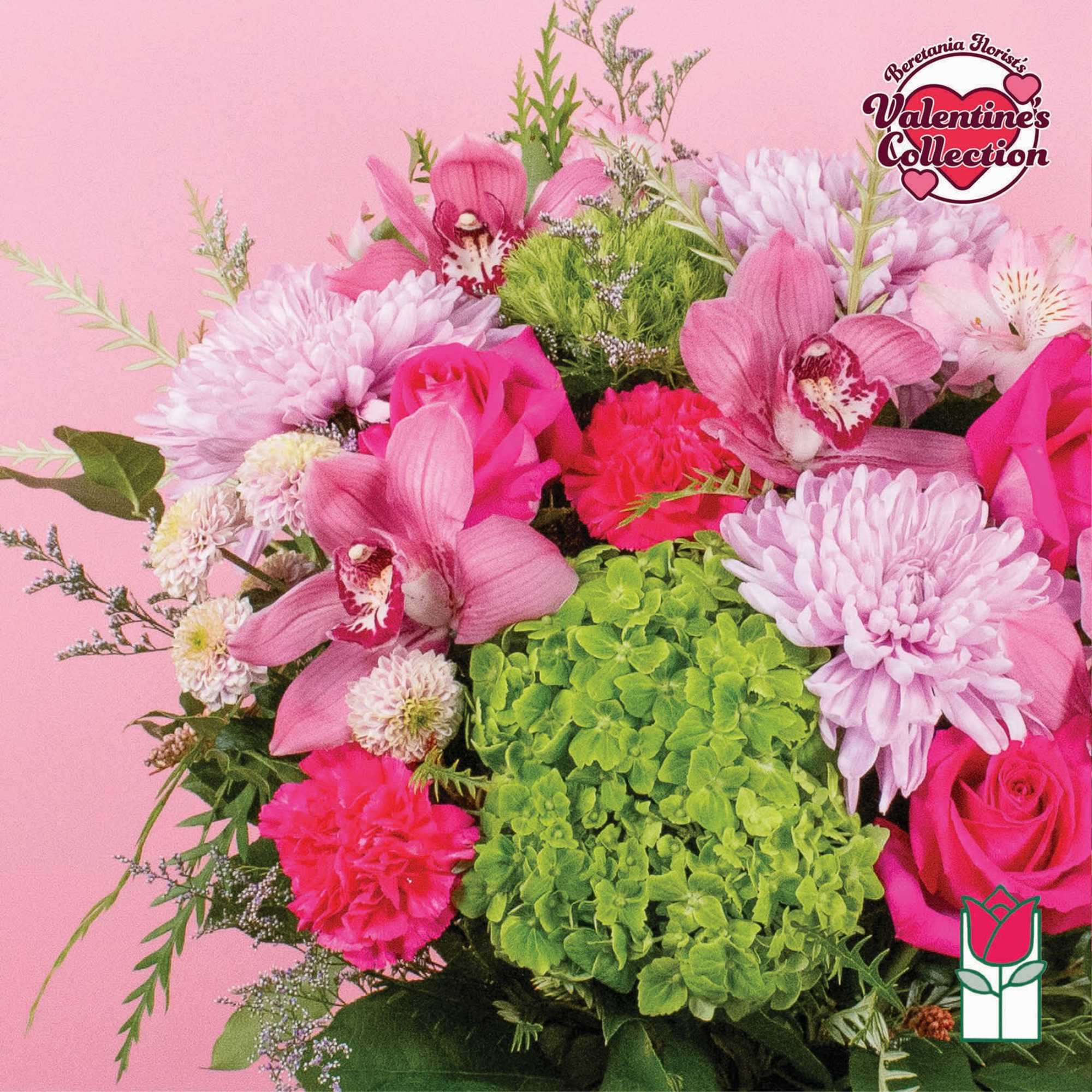 Pink bouquet with orchids, roses, chrysanthemums, and green hydrangea, photo 7 of 8
