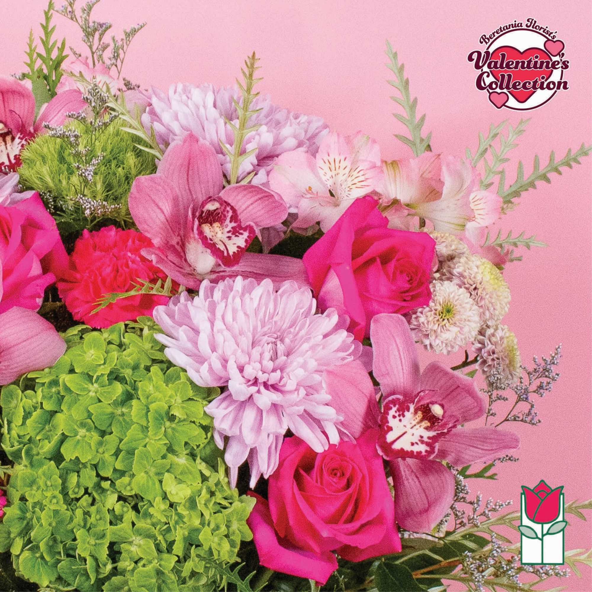 Pink and lavender bouquet with roses, orchids, chrysanthemums, and green hydrangea