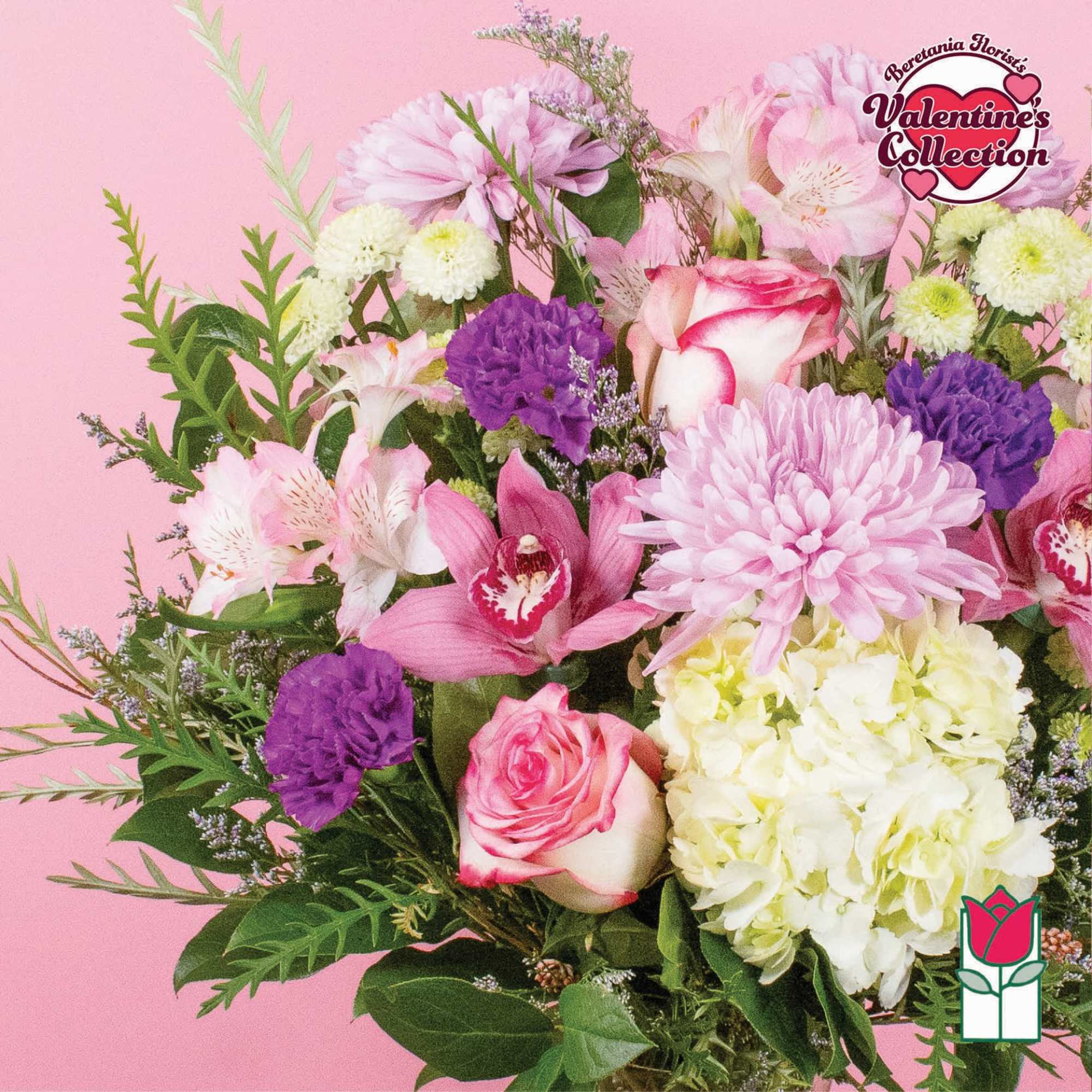 Pink and white mixed bouquet with roses, orchids, hydrangea, and purple blooms
